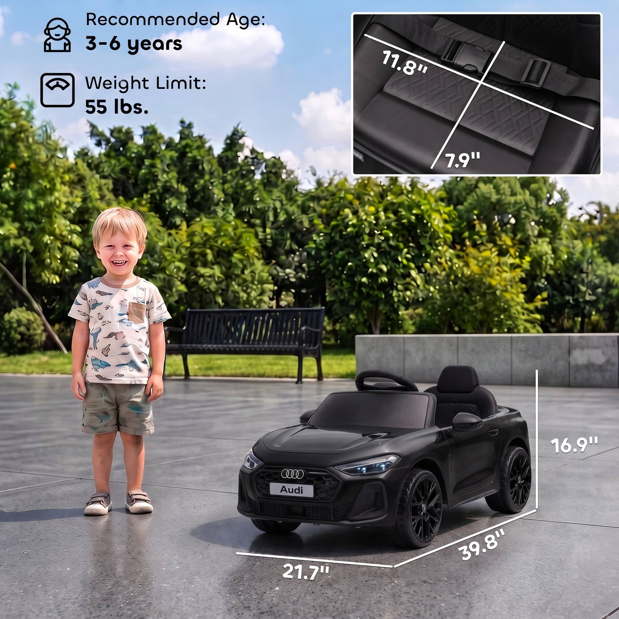Recommended Age: 3-6 years  
Weight Limit: 55 lbs.  

11.8"  
7.9"  
16.9"  
21.7"  
39.8"