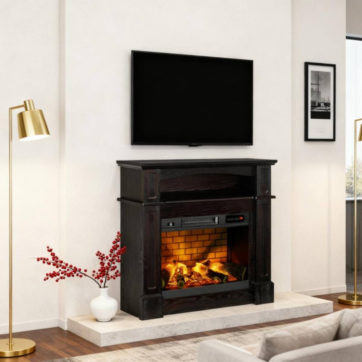 Alt View 4. Loheer - Loheer Freestanding Electric Fireplace with Mantel 1400W Brown - Brown.