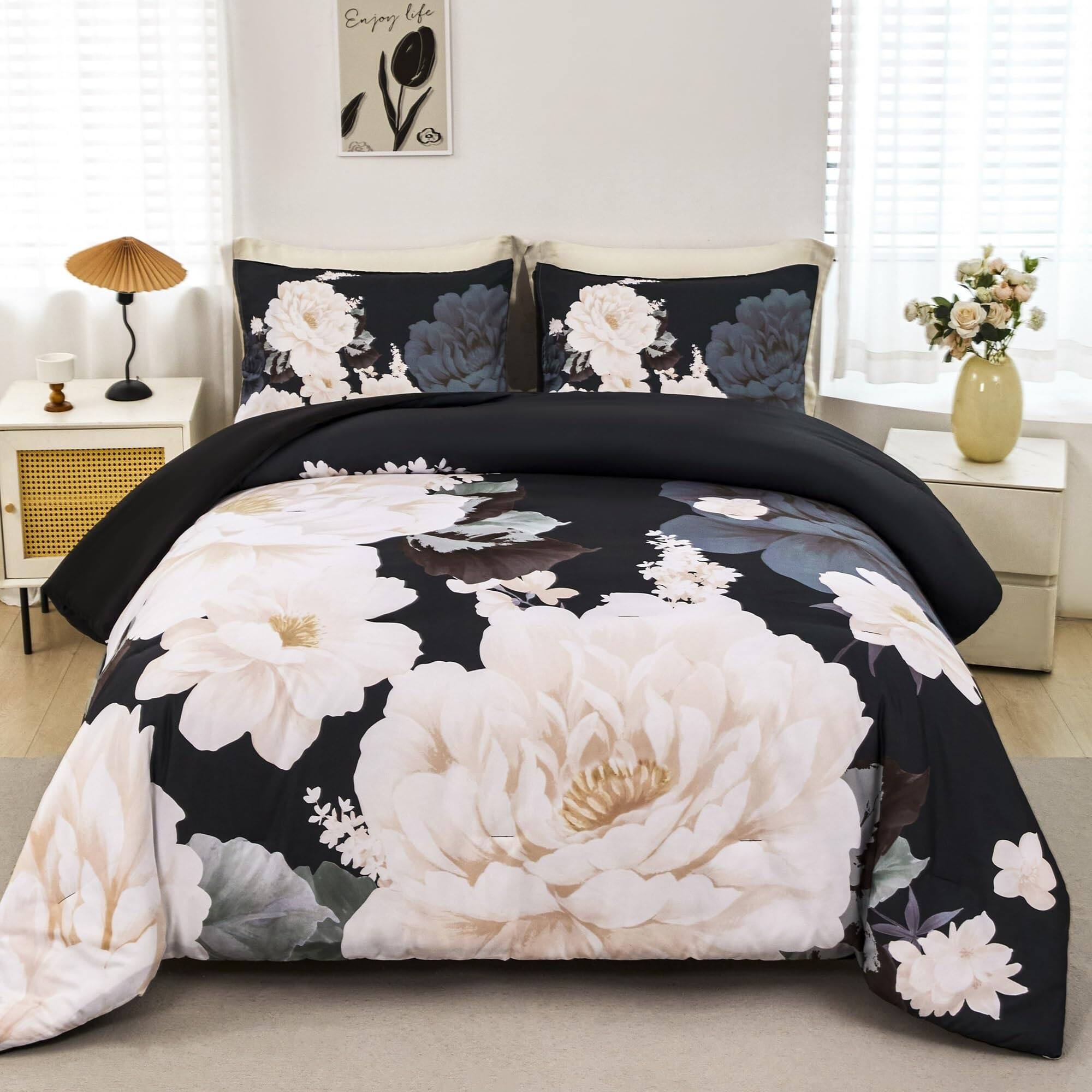 PO3TICJUNKI3 - Floral Comforter Set Botanical Flowers Leaves Bedding Sets Lightweight Fluffy Bed Pillowcases Size - Black Beige-Queen