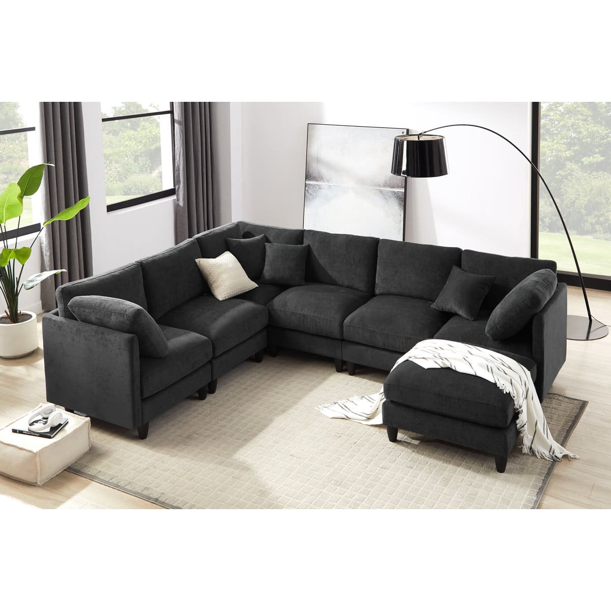 Yardgrace - Modular Sectional Sofa, Convertible Sofa Couch Modular Sofa With Ottoman - Black