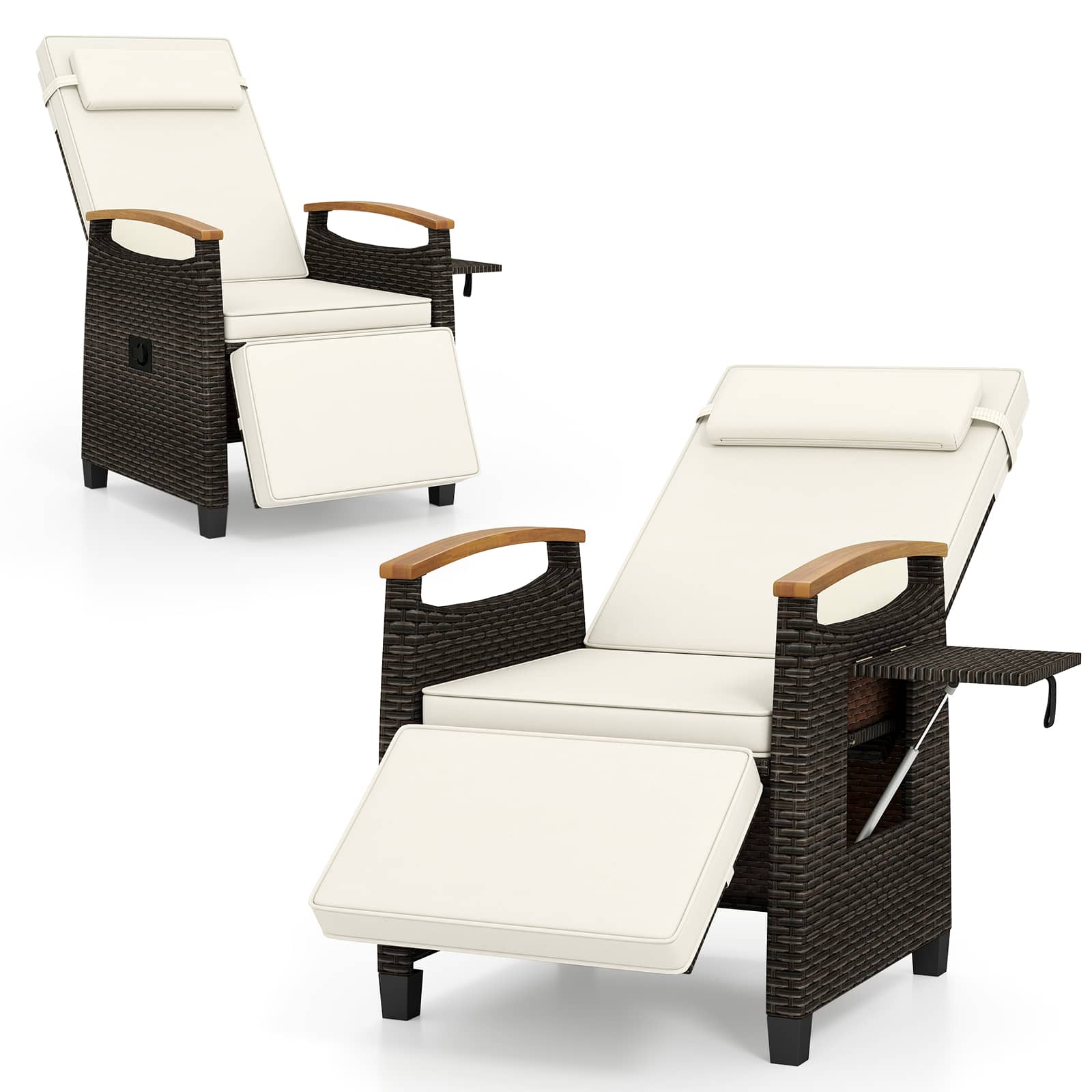 Front. Gymax - Gymax 2PCS Patio Rattan Lounge Chair PE Wicker Recliner Chair w/ Adjustable Backrest & Footrest White - Mix Brown, Off White.