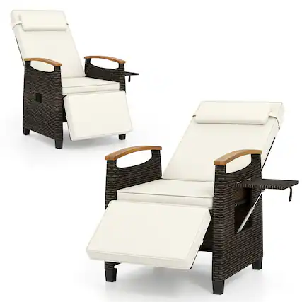 Front. Gymax - Gymax 2PCS Patio Rattan Lounge Chair PE Wicker Recliner Chair w/ Adjustable Backrest & Footrest White - Mix Brown, Off White.