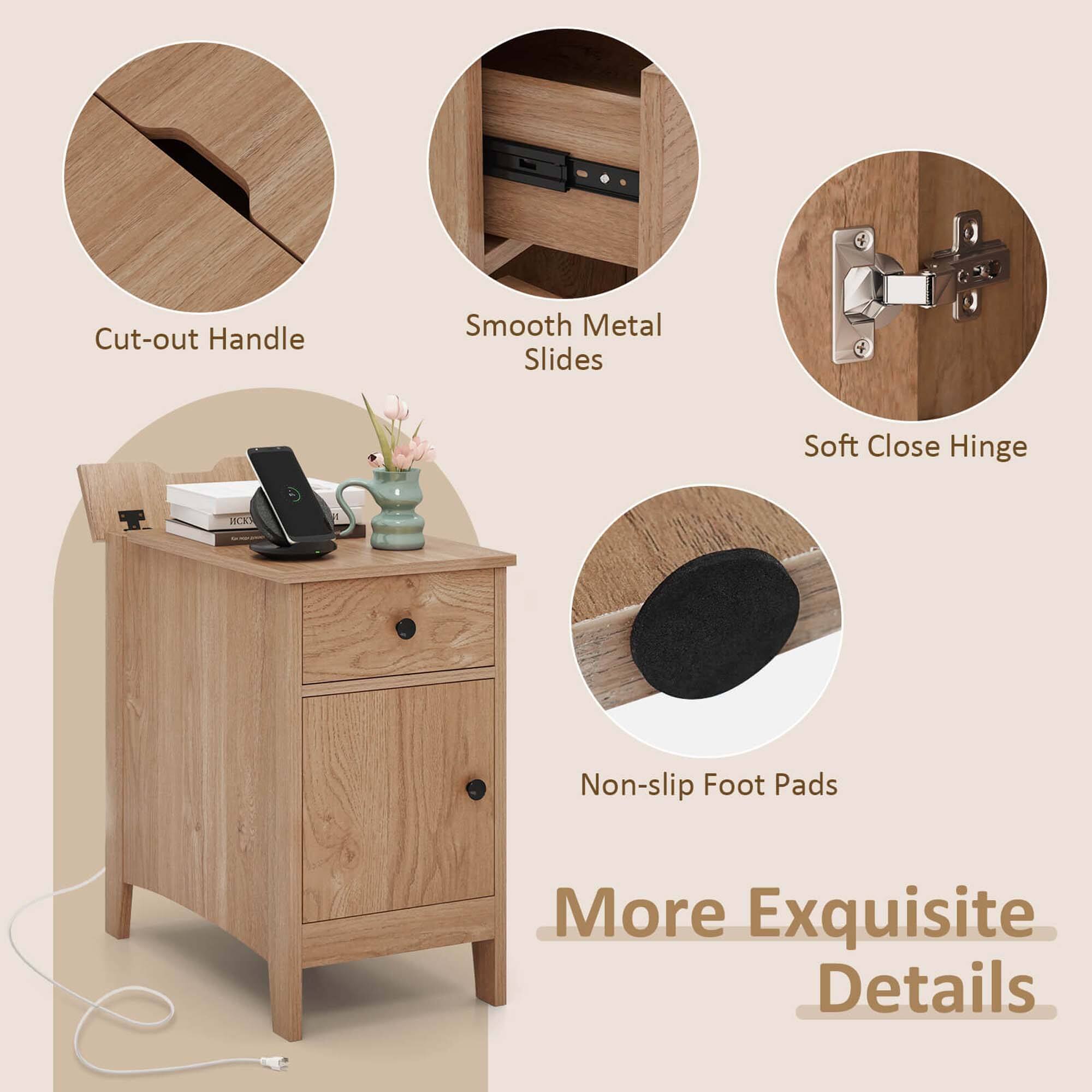 The image features a wooden desk with a drawer and a wooden cabinet with a drawer. The desk has a phone, a cup, and a vase on it. The cabinet has a drawer with a handle and a drawer with a smooth metal slide. The desk also has a non-slip foot pad, and the cabinet has a soft close hinge. The image is advertising the desk and cabinet, highlighting their exquisite details.