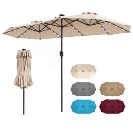 Costway - 13 FT Double-Sided Patio Umbrella with Solar Lights, 36 LED Lights, Crank Handle - Beige