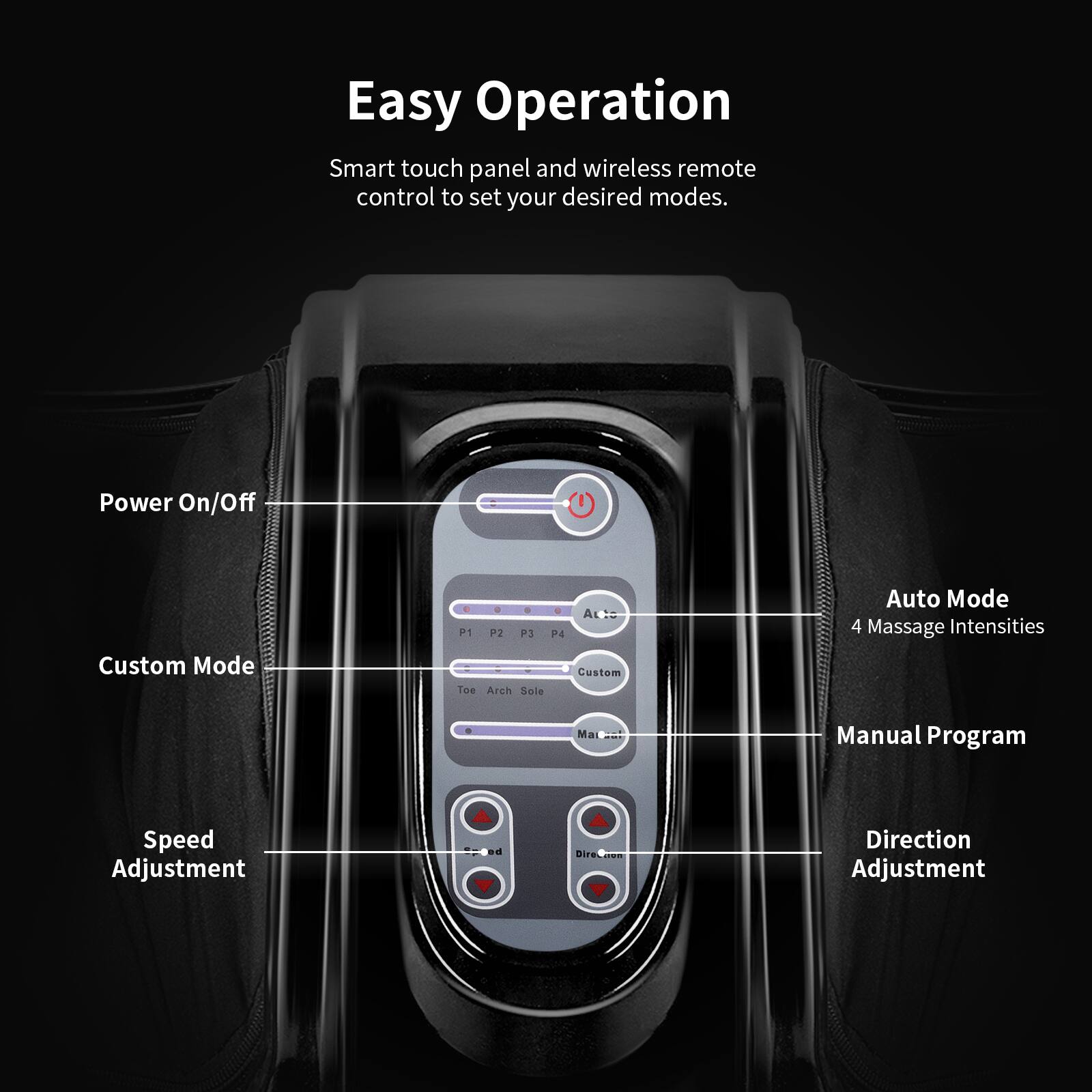 Easy Operation: Smart touch panel and wireless remote control to set your desired modes. Power On/Off, Custom Mode, and 4 Auto Modes with 4 Massage Intensities and Manual Program. Speed Adjustment and Direction Adjustment.