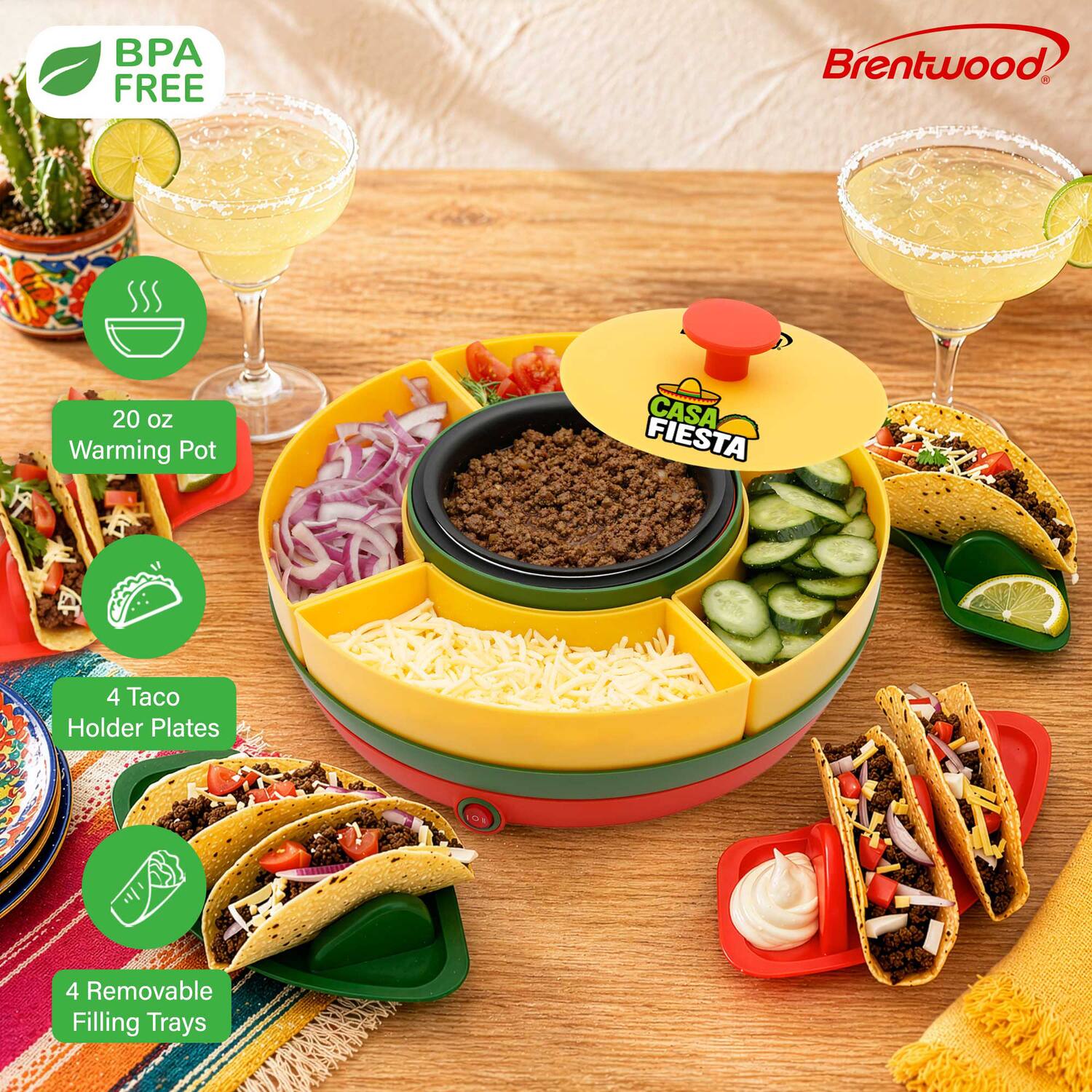 BPA FREE Brentwood. 20 oz Warming Pot CASA FIESTA 4 Taco Holder Plates 4 Removable Filling Trays