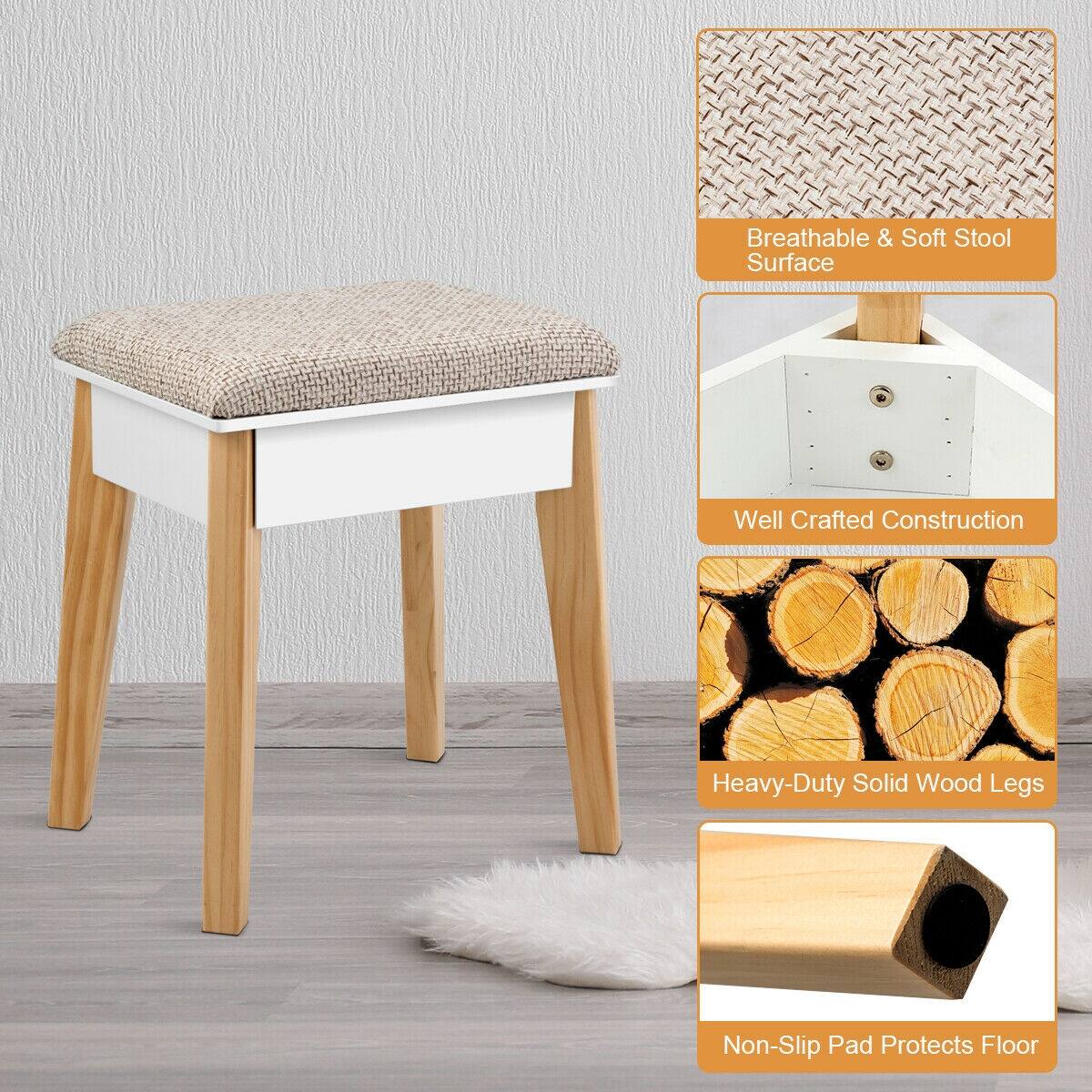 Breathable & Soft Stool Surface, Well Crafted Construction, Heavy-Duty Solid Wood Legs, Non-Slip Pad Protects Floor
