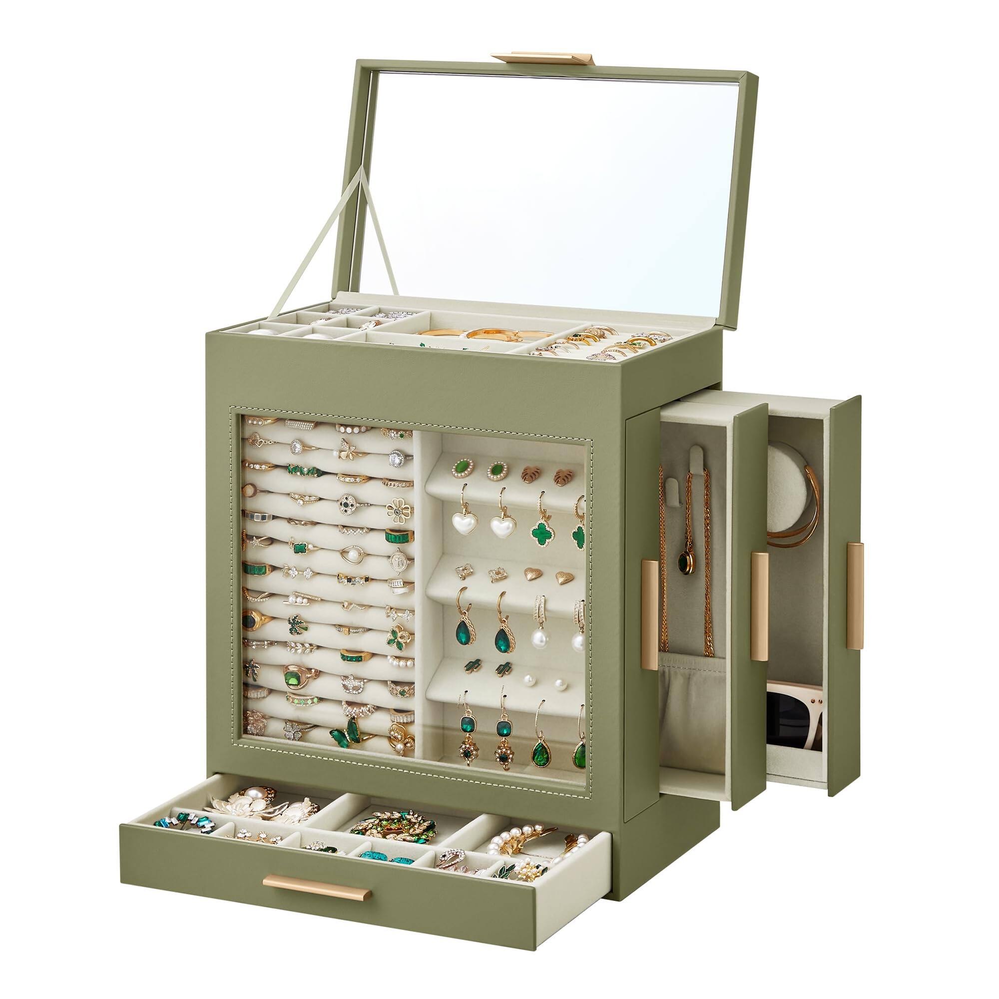 Front. Songmics Home - 5-Layer Modern Jewelry Organizer with 3 Side Drawers and Large Mirror - Sage Green and Metallic Gold - Green.