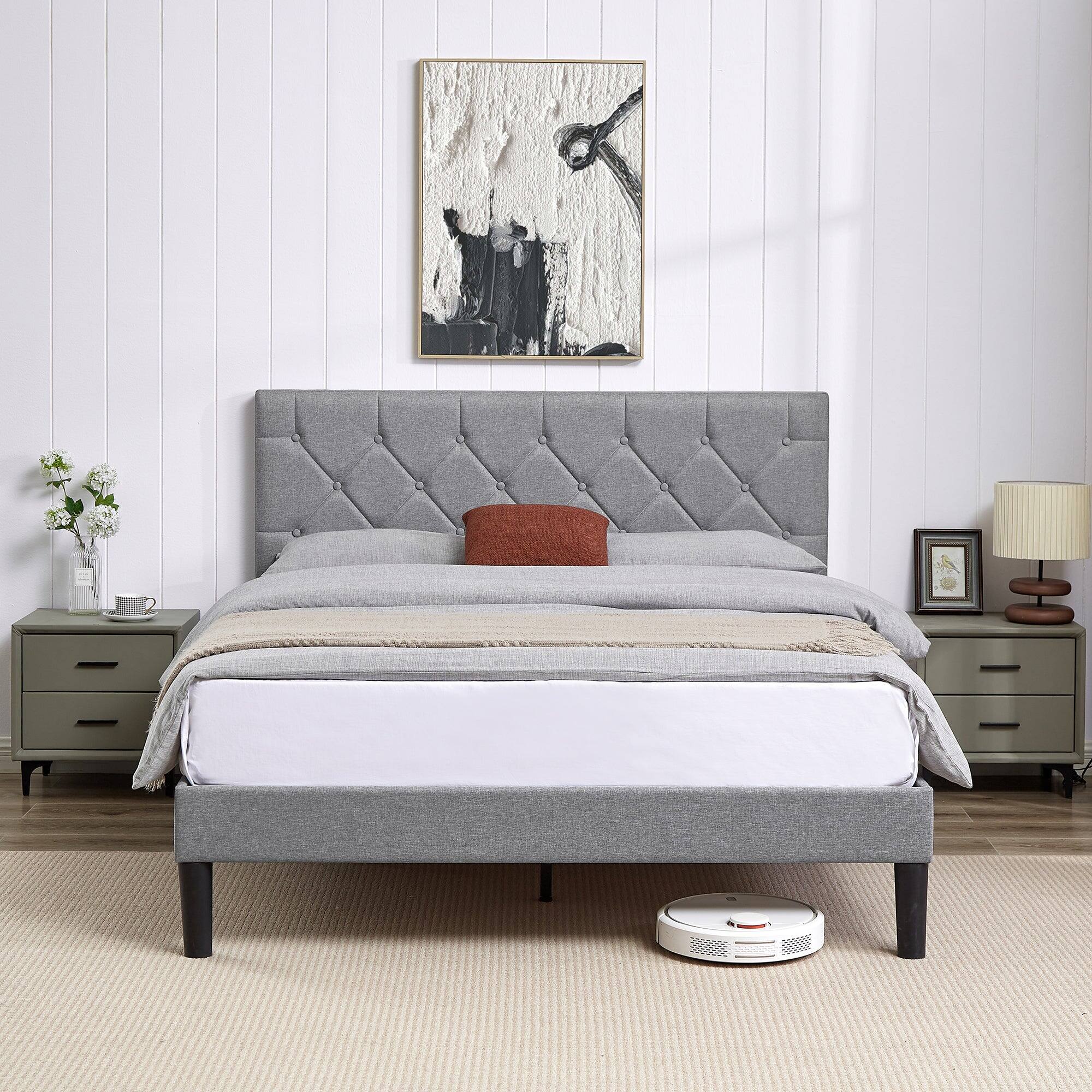Left. Vecelo - Full Bed Frame with Upholstered Headboard, Heavy Duty Wooden Bed Slats - Noiseless Platform Bed, No Box Spring Required - Grey.