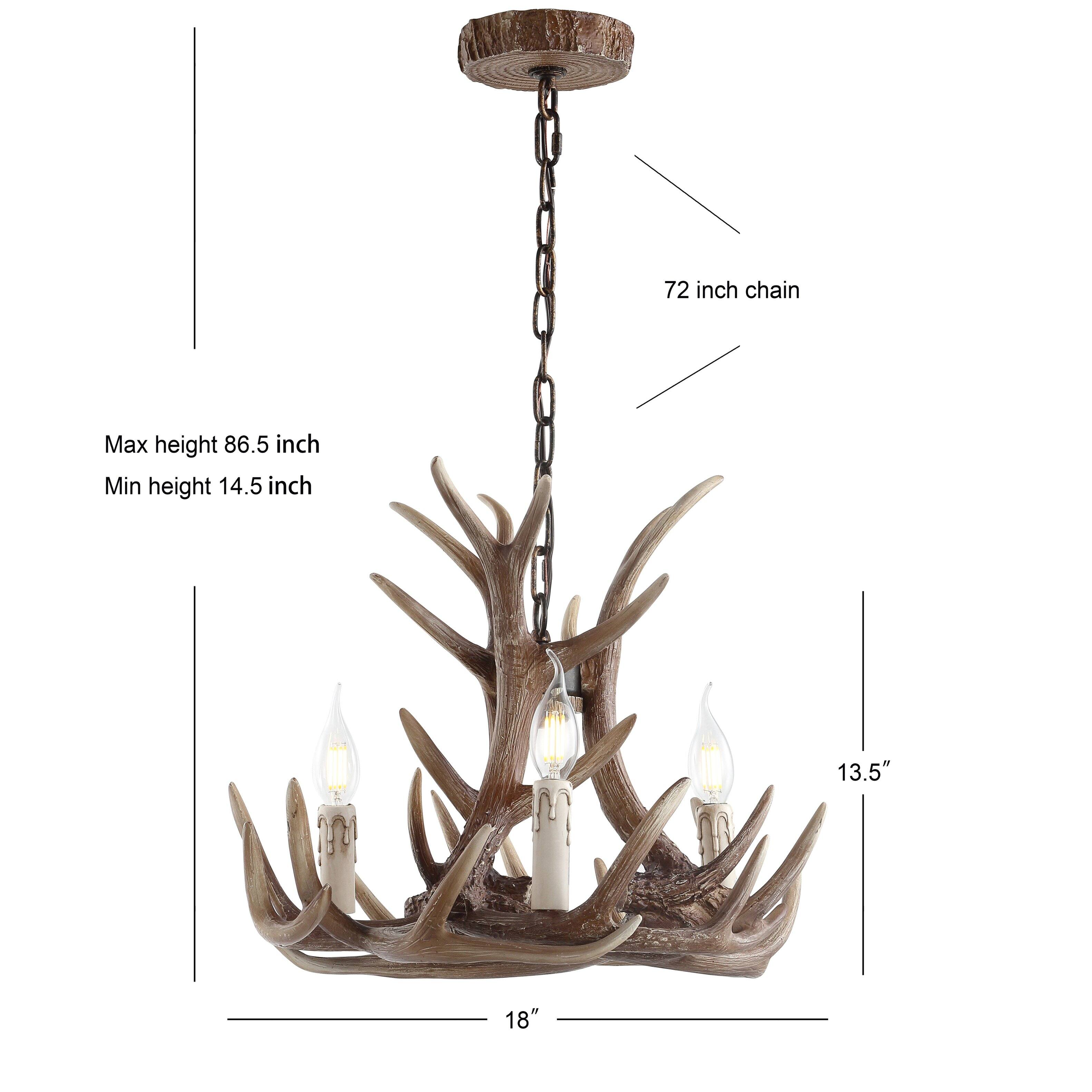 72 inch chain  
Max height 86.5 inch  
Min height 14.5 inch  
13.5"  
18"