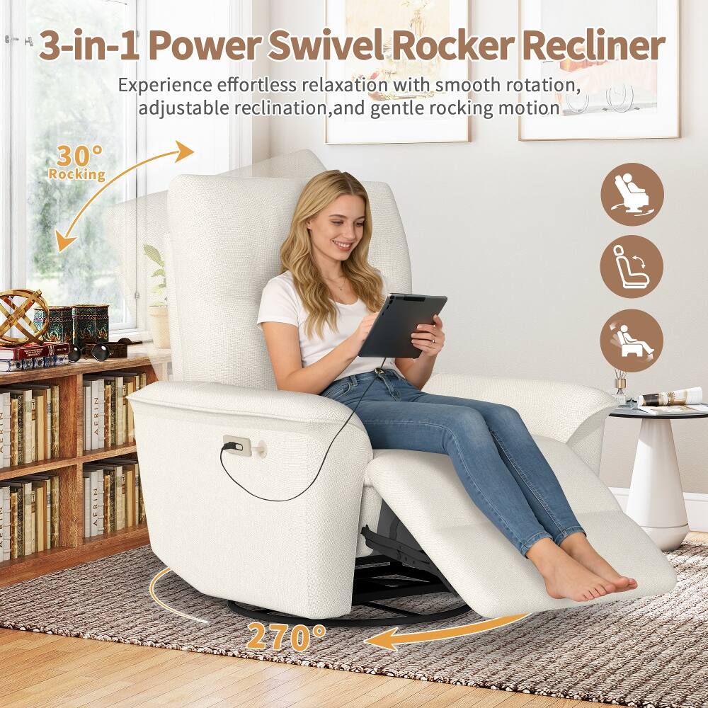 3-in-1 Power Swivel Rocker Recliner

Experience effortless relaxation with smooth rotation, adjustable reclination, and gentle rocking motion

30° Rocking

270°