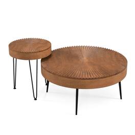 Pefilos - Set of 2 Boho Round Coffee Table with Solid Pine Solid Wood Top and Metal Legs- Tea Table - Brown