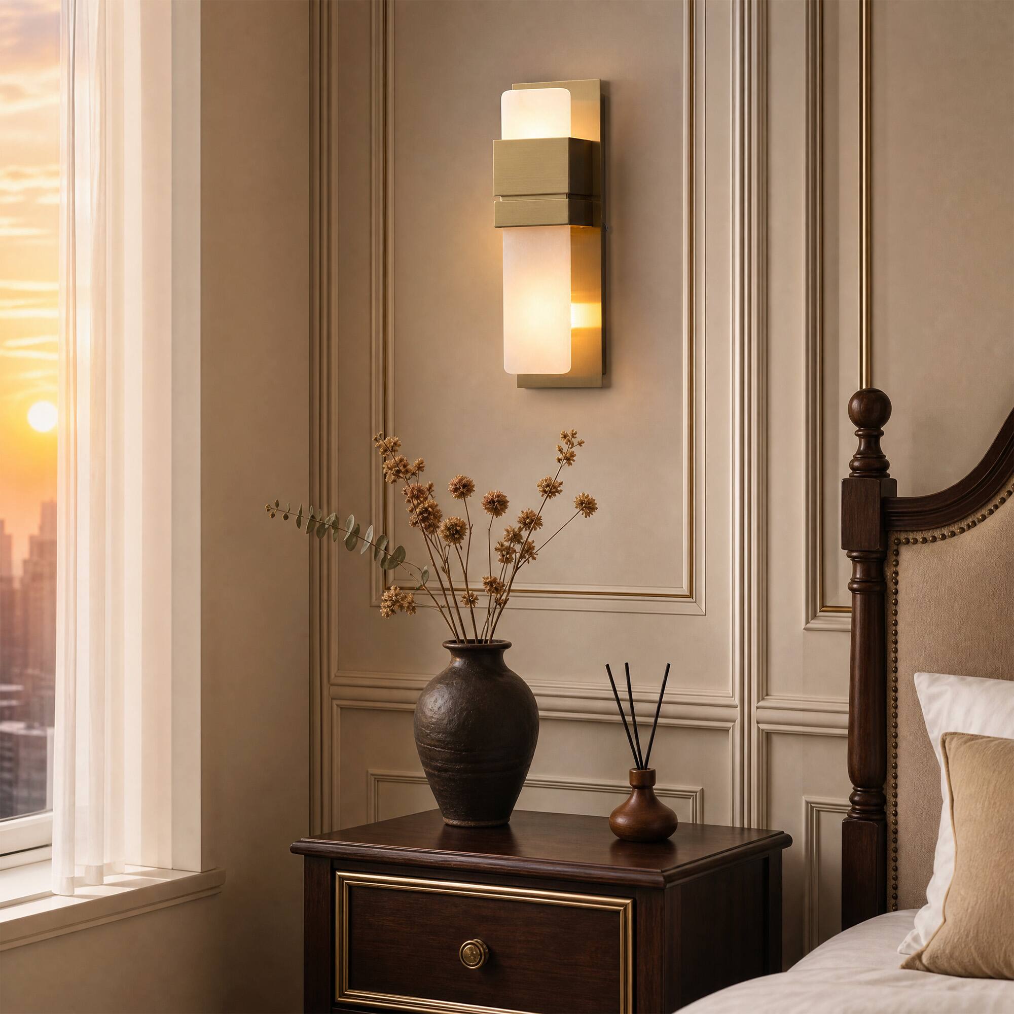 Alt View 2. Siljoy - 13.8 Inch Vertical Natural Onyx Wall Sconce Brushed Gold Square Alabaster Wall Light for Bedroom Hallway Villa - Gold.