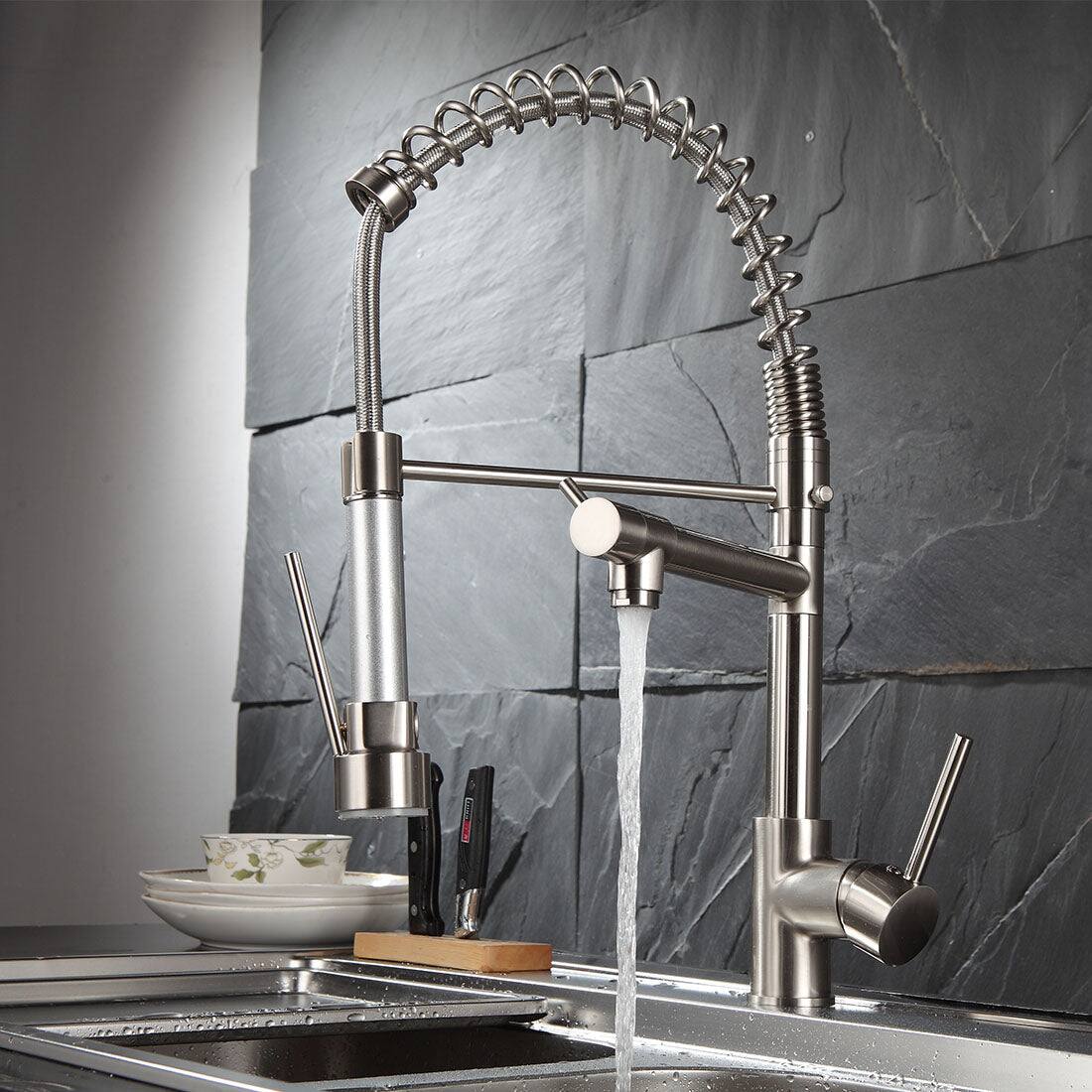 Alt View 8. Boyel Living - Contemporary Single Handle Gooseneck Pull Down Sprayer Kitchen Faucet Brushed Nickel - Brushed Nickel.