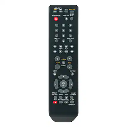 SELECT TV DVD INFO INPUT SEL
STANDBY/ON OPEN/CLOSE EZ REC MODE
1 2 3 4 5 6 7 8 9 0 SUBTITLE
TV/DVD
STOP PLAY || >>
TV MUTE TV VOL PROG
AUDIO MENU RETURN
OK TITLE LIST DISC MENU
ANTKEY EXIT PLAY LIST TITLE MENU
REC REC MODE CANCEL TIMER G MARKER