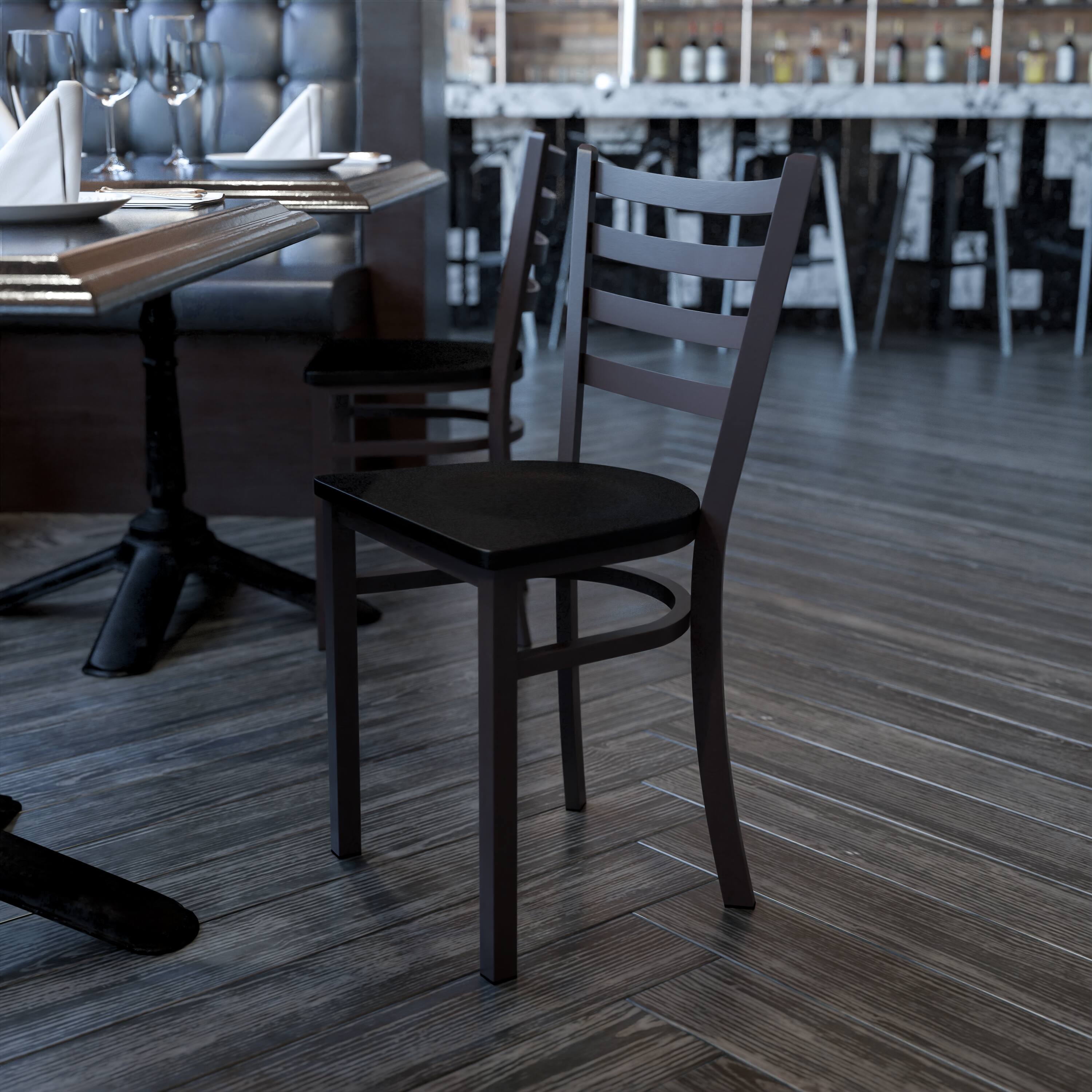 Alt View 1. Emma + Oliver - Ladder Back Metal Restaurant Dining Chair - Mahogany Wood Seat/Black Metal Frame.