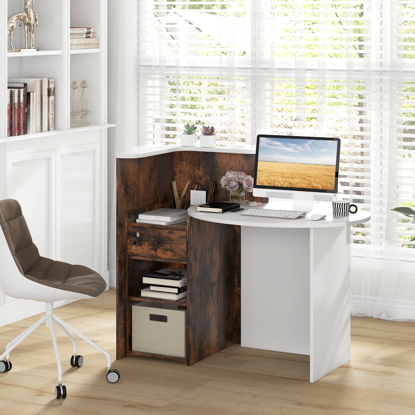 Alt View 2. SlickBlue - Office Reception Desk with Lockable Drawer & Open Shelf – Professional Workstation - Rustic Brown.