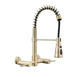 Ropilly - Wall Mounted Bridge Kitchen Faucet, Pull Down Stainless Steel Faucet with Dual Handles - Brushed Gold