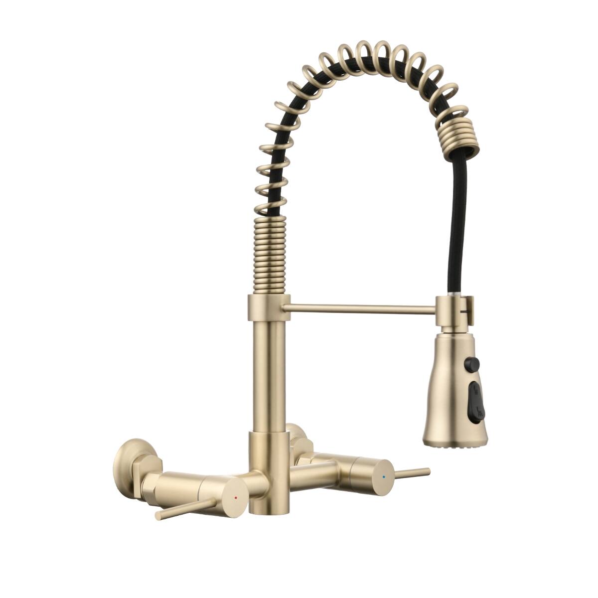 Front. Ropilly - Ropilly Wall Mounted Bridge Kitchen Faucet, Pull Down Stainless Steel Faucet with Dual Handles, Brushed Gold - Brushed Gold.