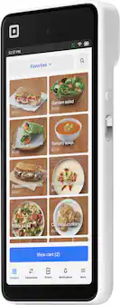 The text on the image reads:
12:37 PM Favorites Ham sandwich $7.99 Garden salad $6.99 Spinach wrap $5.99 Tomato soup $3.99 Pastrami sandwich $8.99 Potato bacon soup $4.99 Pasta salad $5.99 90 Oatmeal cookies $1.99 View cart (2) Checkout Transactions Orders Notifications More.