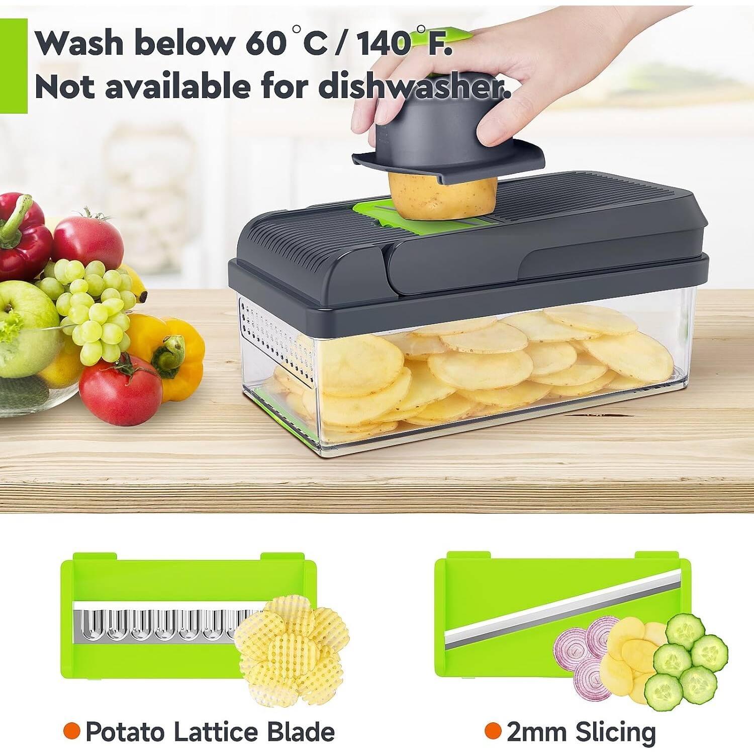 Wash below 60°C /140°F. Not available for dishwasher. Potato Lattice Blade 2mm Slicing
