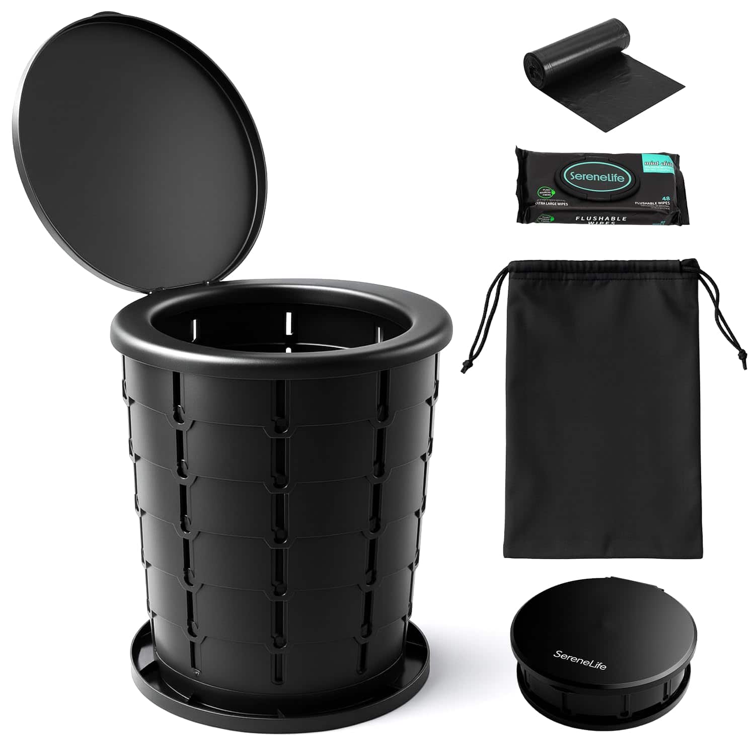 SereneLife - SLCATF1BK Foldable Toilet Seat, Portable Travel Potty, 331 lbs Capacity, Includes Wipes - Black
