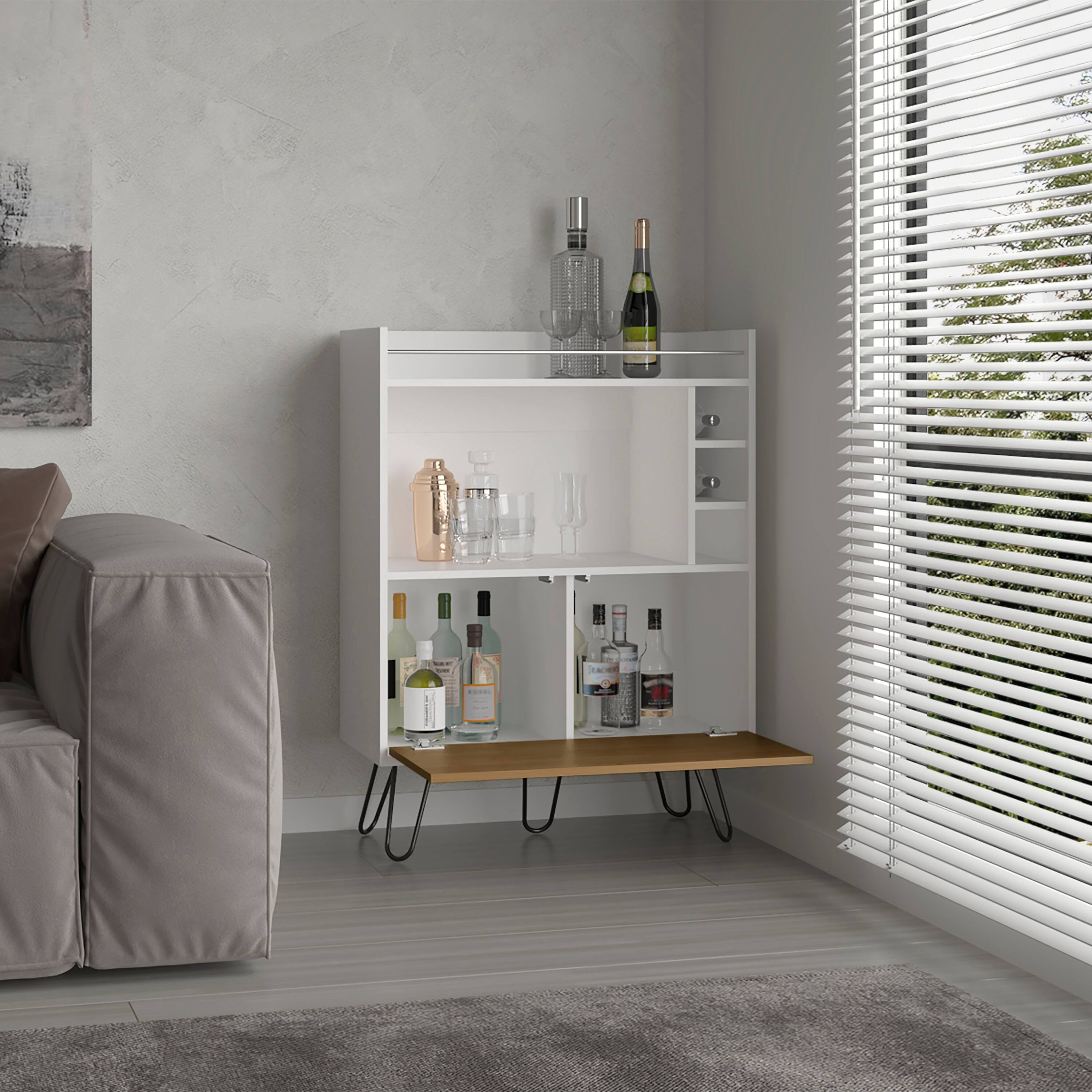 Alt View 1. TuHome - Tori Tall One-Door Bar Cabinet with Three Cubbies, Three Shelves, Top Prep Surface with Rail For Living Room - White - Natural Oak.