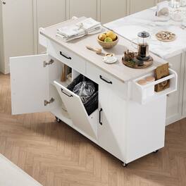 Mirfee - Kitchen Island with Trash Storage, Drop Leaf, Spice Rack, Towel Rack, Drawer, on Wheels - Ameican White Oak