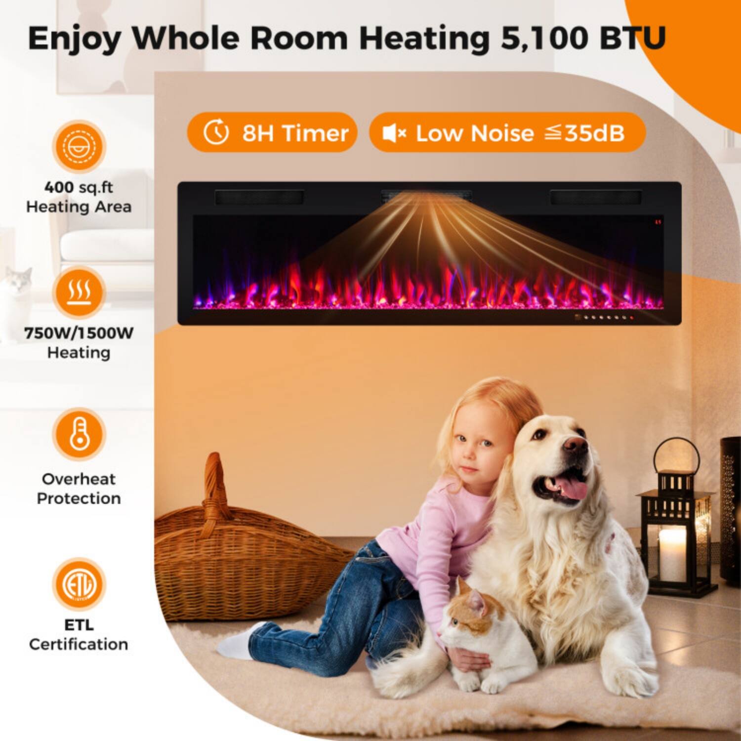 Enjoy Whole Room Heating 5,100 BTU  
8H Timer  
Low Noise ≤35dB  
400 sq.ft Heating Area  
750W/1500W Heating  
Overheat Protection  
ETL Certification