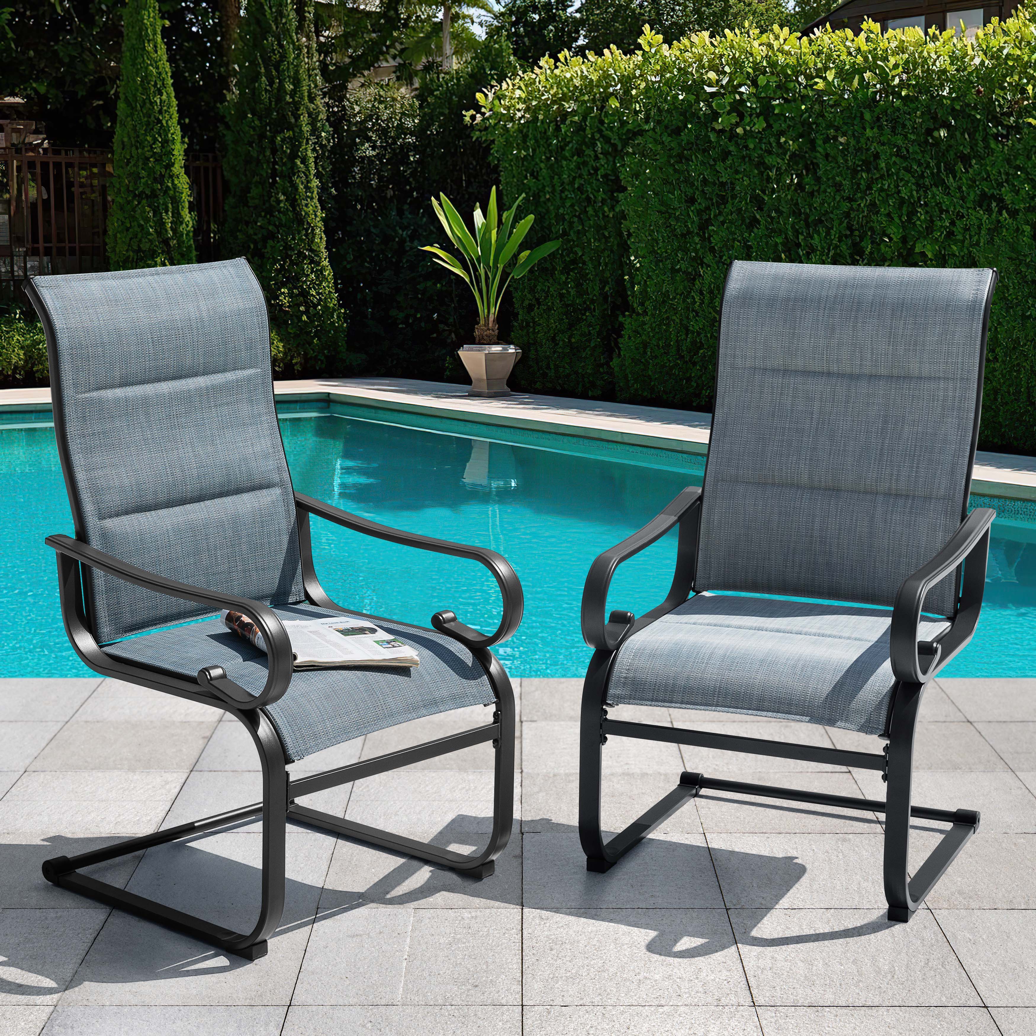 Angle. Nuu Garden - Patio Metal Dining Chairs Set of 2, C-Spring Motion and Padded Textilene, High Back & Wide seat - Blue and Black.