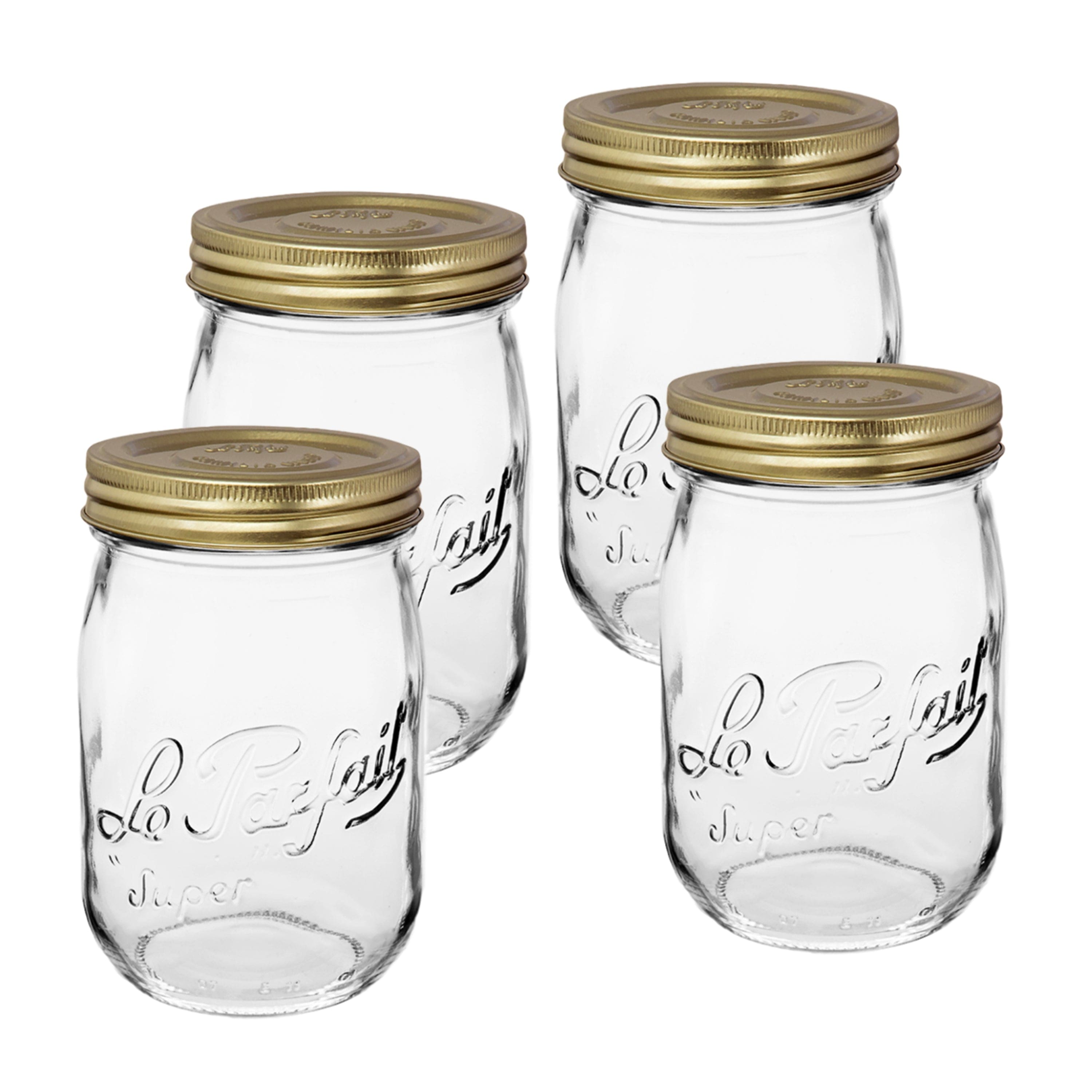 Le Parfait - Screw Top Jar - 1L Wide Mouth French Glass Canning Jar w/ 2-Piece Gold Lid, 32oz/Quart (Pack of 4)