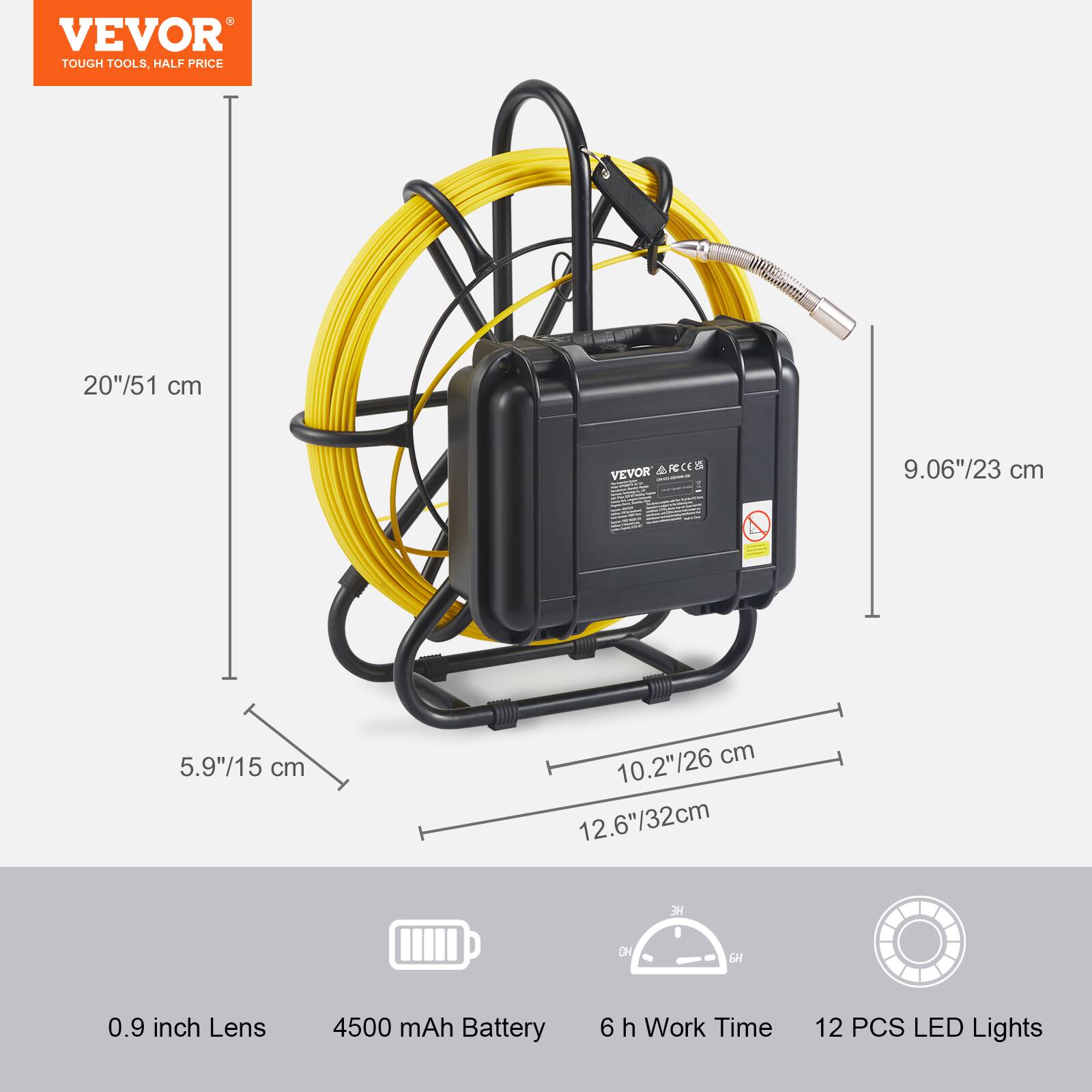 VEVOR TOUGH TOOLS, HALF PRICE

20"/51 cm

9.06"/23 cm

5.9"/15 cm

10.2"/26 cm

12.6"/32 cm

0.9 inch Lens

4500 mAh Battery

6 h Work Time

12 PCS LED Lights