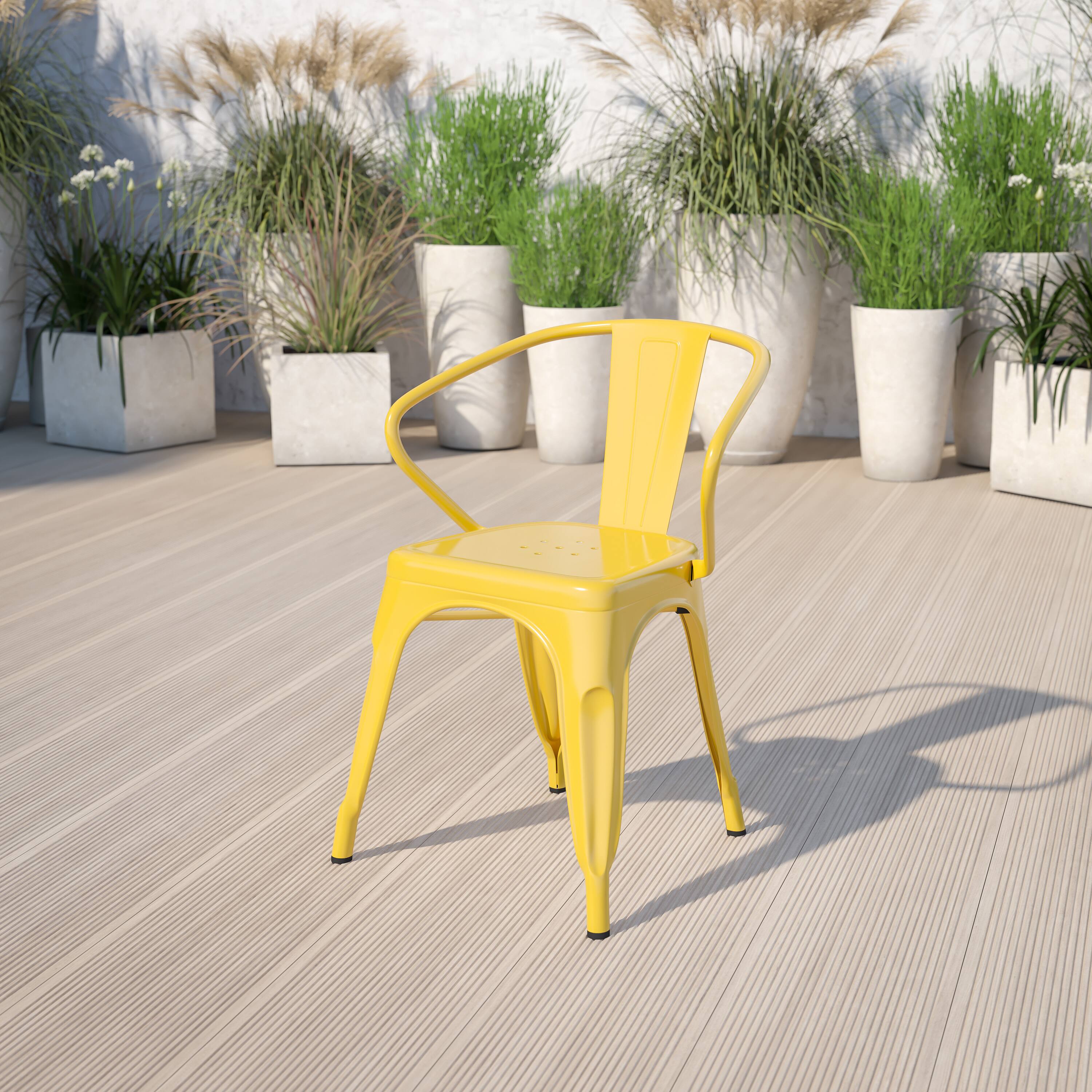 Alt View 1. Emma + Oliver - Commercial Grade Colorful Metal Indoor-Outdoor Chair with Arms - Yellow.