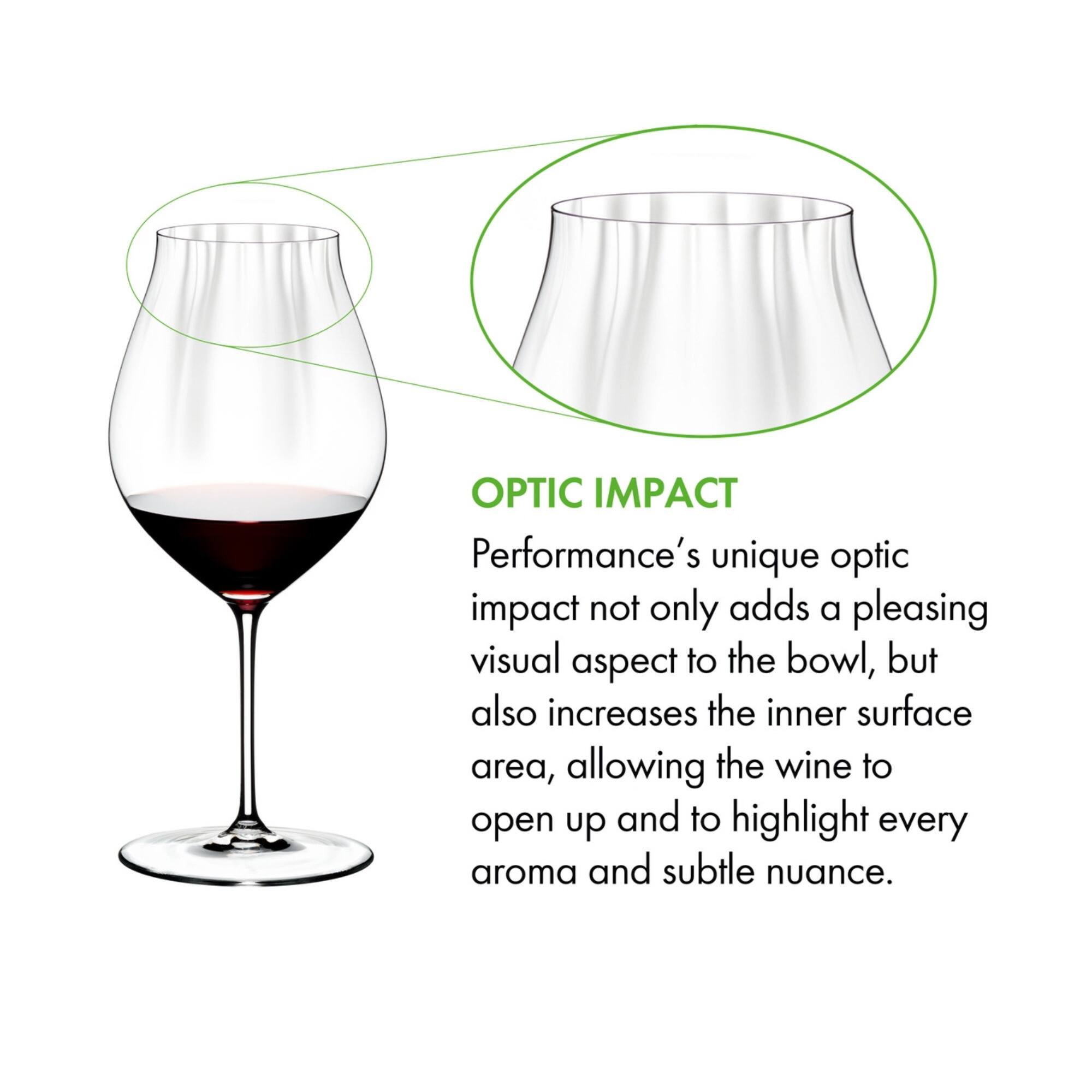 OPTIC IMPACT

Performance's unique optic impact not only adds a pleasing visual aspect to the bowl, but also increases the inner surface area, allowing the wine to open up and to highlight every aroma and subtle nuance.