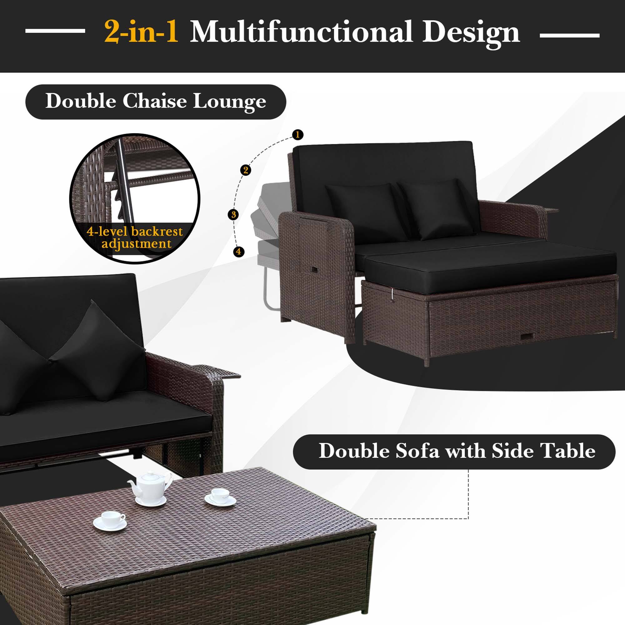 2-in-1 Multifunctional Design Double Chaise Lounge: 2-level backrest adjustment, 2 Double Sofa with Side Table