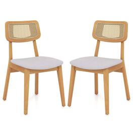 Costway - Wooden Rattan Dining Chair Set of 2 with Can Back Rubber Wood Frame Padded Seat - Natural, Gray