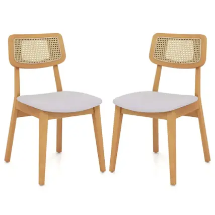 Front. Costway - Wooden Rattan Dining Chair Set of 2 with Can Back Rubber Wood Frame Padded Seat - Natural, Gray.