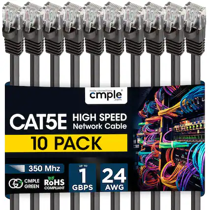 make connections cmple.com
CAT5E High Speed Network Cable
10 Pack
Up to 350 MHz
1 GBPS
24 AWG
RoHS Compliant
CMPLE Green