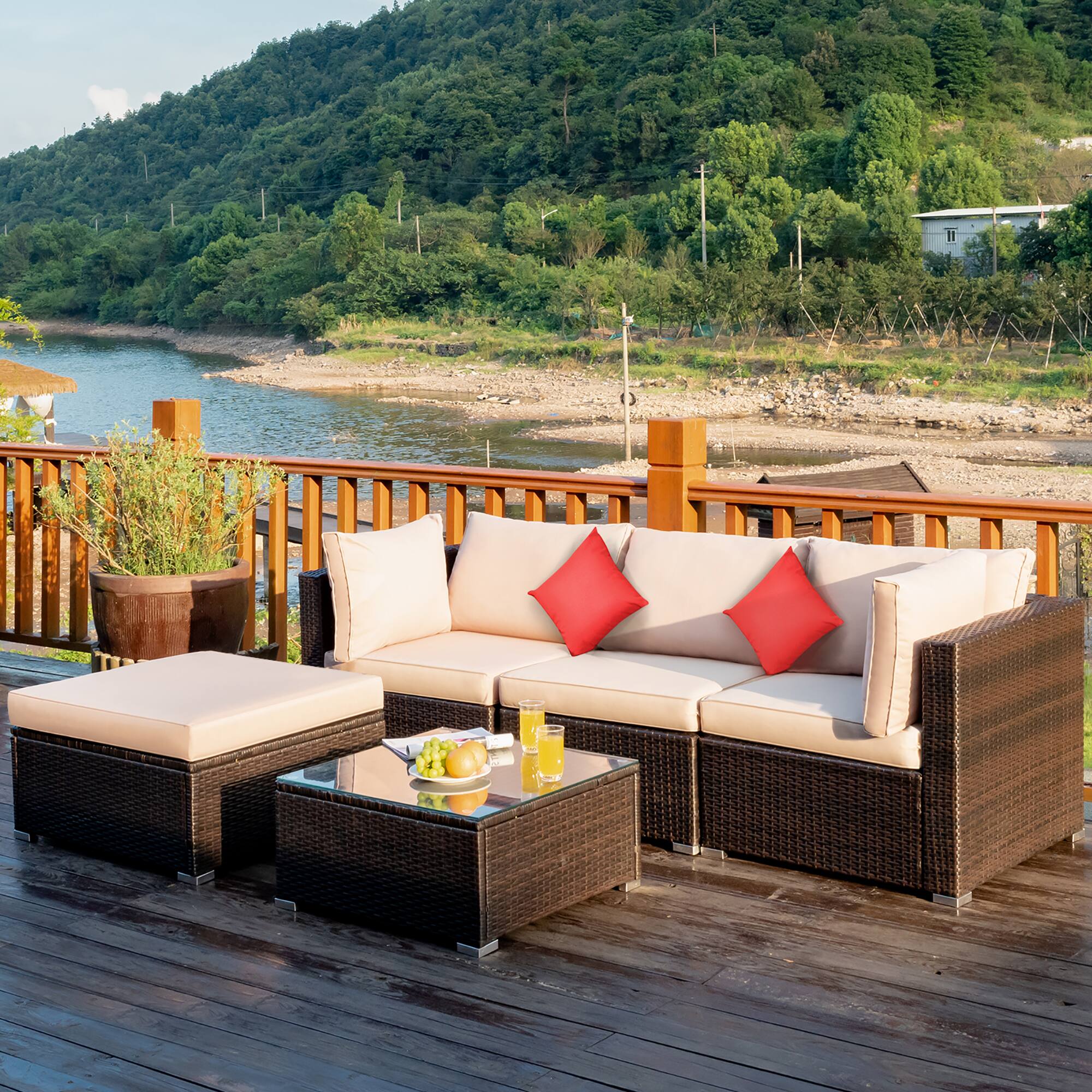 Alt View 2. Costway - Costway 5PCS Outdoor Patio Rattan Furniture Set Sectional Conversation W/Beige Cushion - Beige.