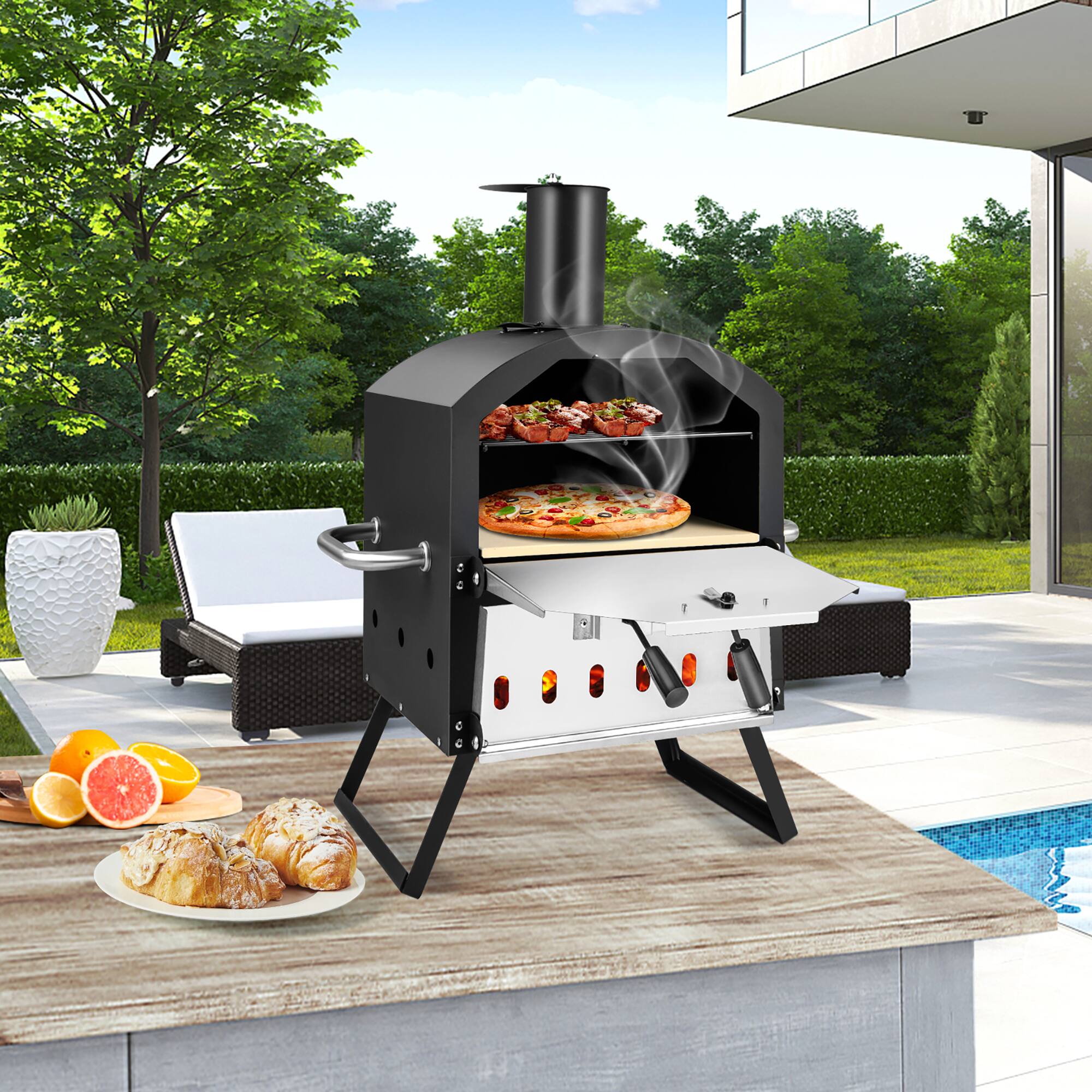 Angle. Costway - 2-Layer Pizza Oven Wood Fired Pizza Grill Outside Pizza Maker with Waterproof Cover - Black + Silver.