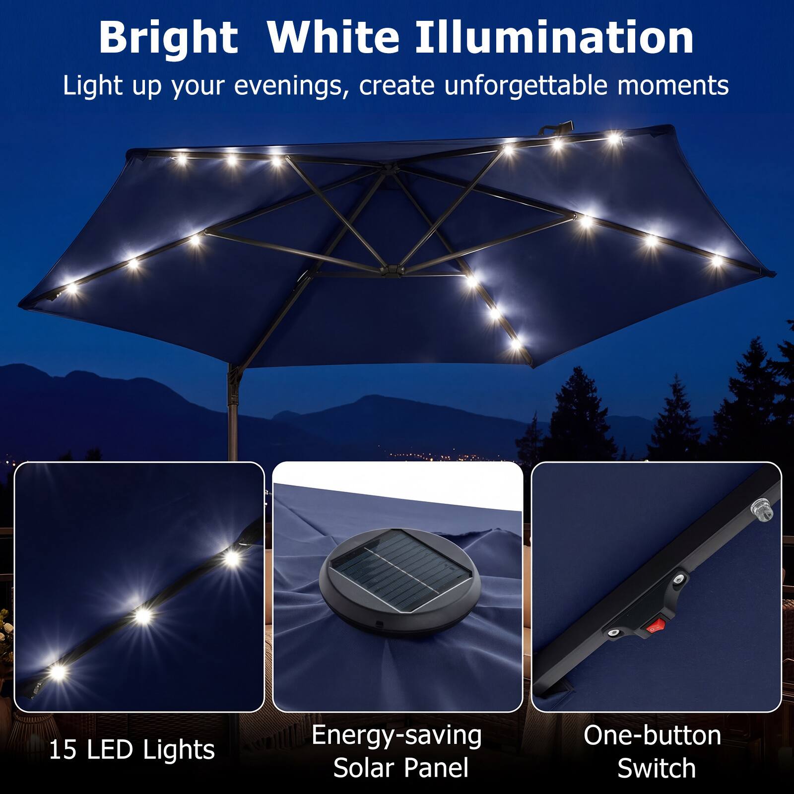 Bright White Illumination  
Light up your evenings, create unforgettable moments  

15 LED Lights  
Energy-saving Solar Panel  
One-button Switch