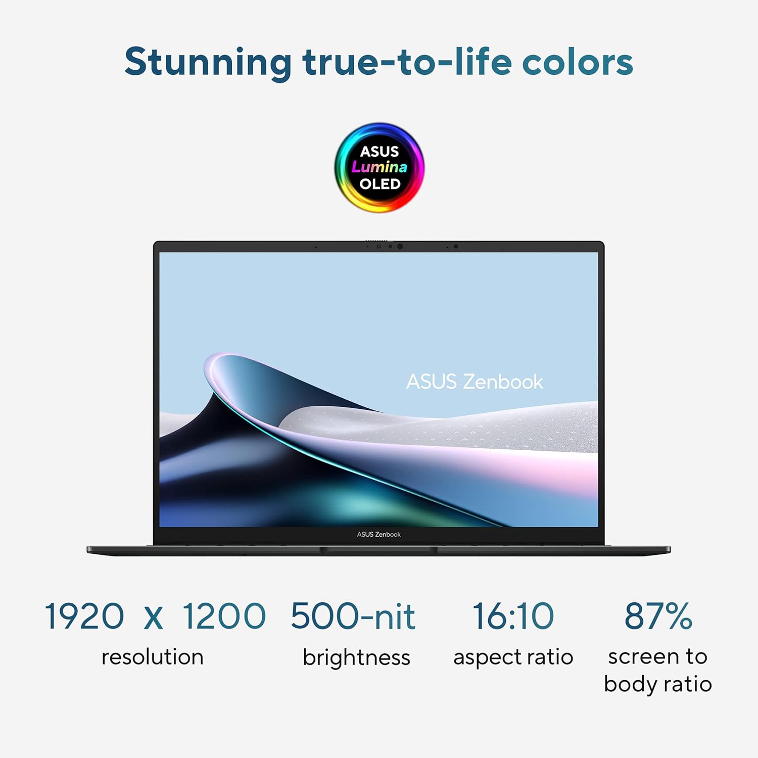Stunning true-to-life colors

ASUS Lumina OLED

ASUS Zenbook

1920 x 1200 resolution

500-nit brightness

16:10 aspect ratio

87% screen to body ratio