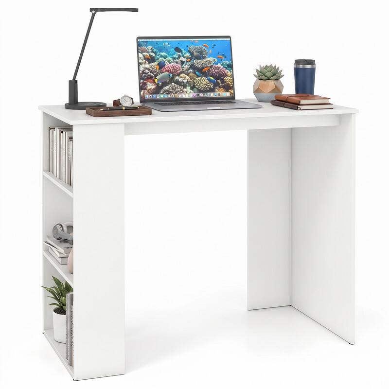 Left. WELLFOR - 35.5" Modern Computer Desk with Bookshelf,Home Office Desk Study Desk Writing Desk for Small Space - White.