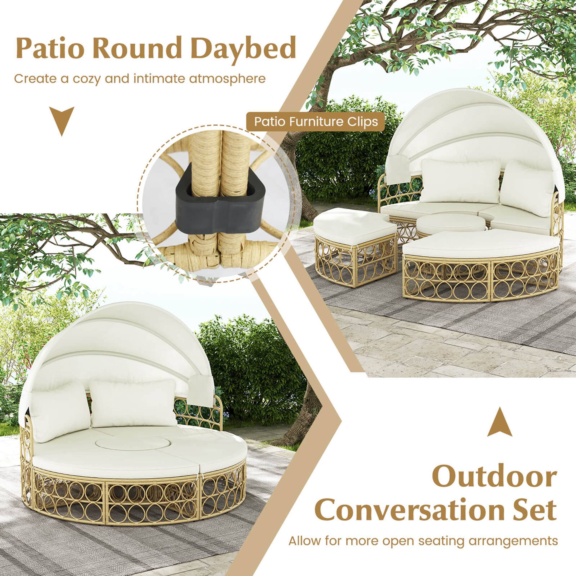 The image features a patio round daybed, which is designed to create a cozy and intimate atmosphere. The daybed is accompanied by patio furniture clips, which can be used to enhance the outdoor conversation set and allow for more open seating arrangements. The combination of the daybed and clips creates a comfortable and inviting outdoor space for relaxation and socializing.