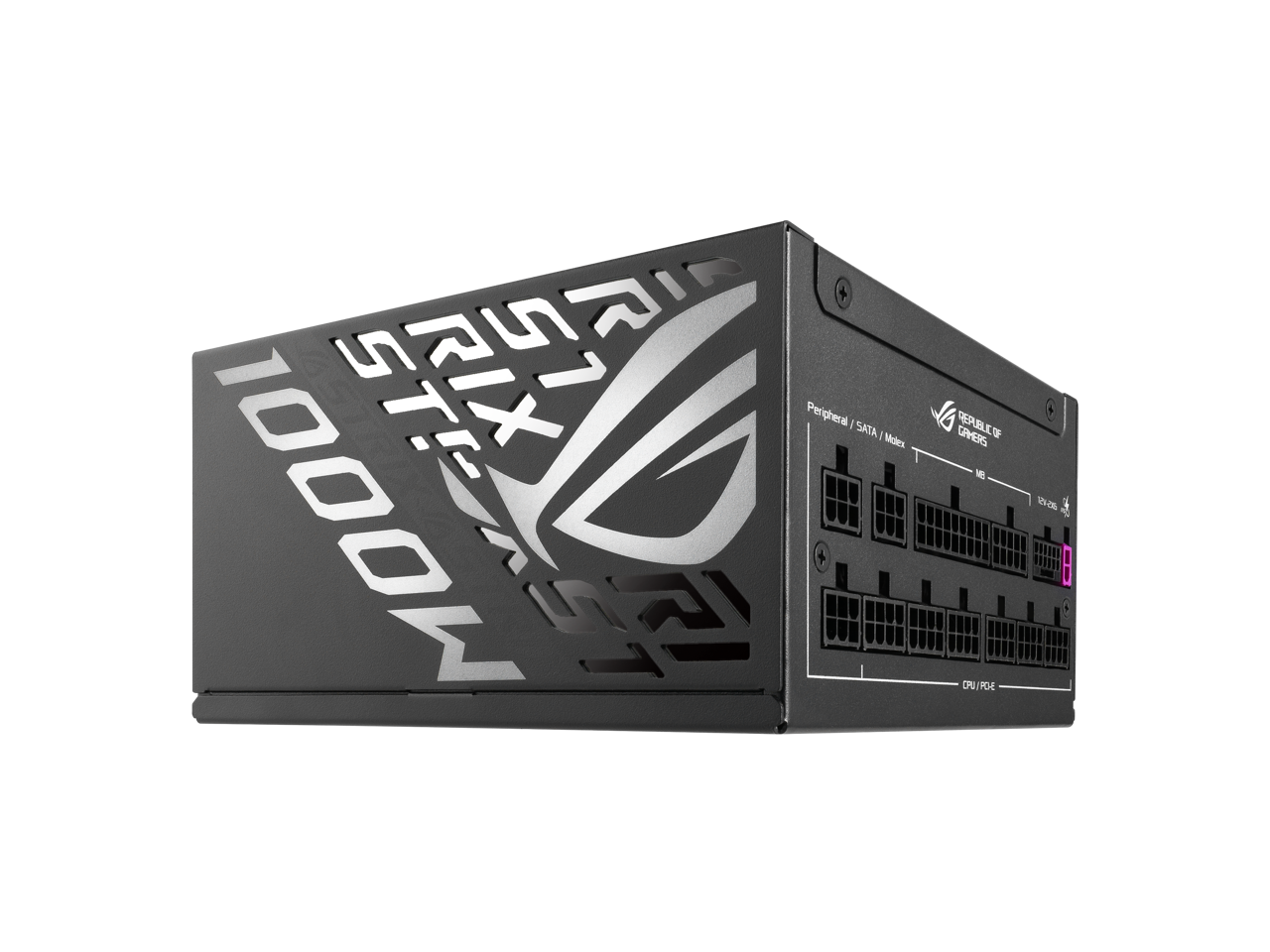 Sure, here is the corrected and grouped text from the image:

**Front of the Box:**
- STRIX
- 1000W
- Republic of Gamers

**Back of the Box:**
- Peripheral / SATA / Molex
- CPU / PCIe

**On the Power Supply:**
- Republic of Gamers
- Peripheral / SATA / Molex
- CPU / PCIe