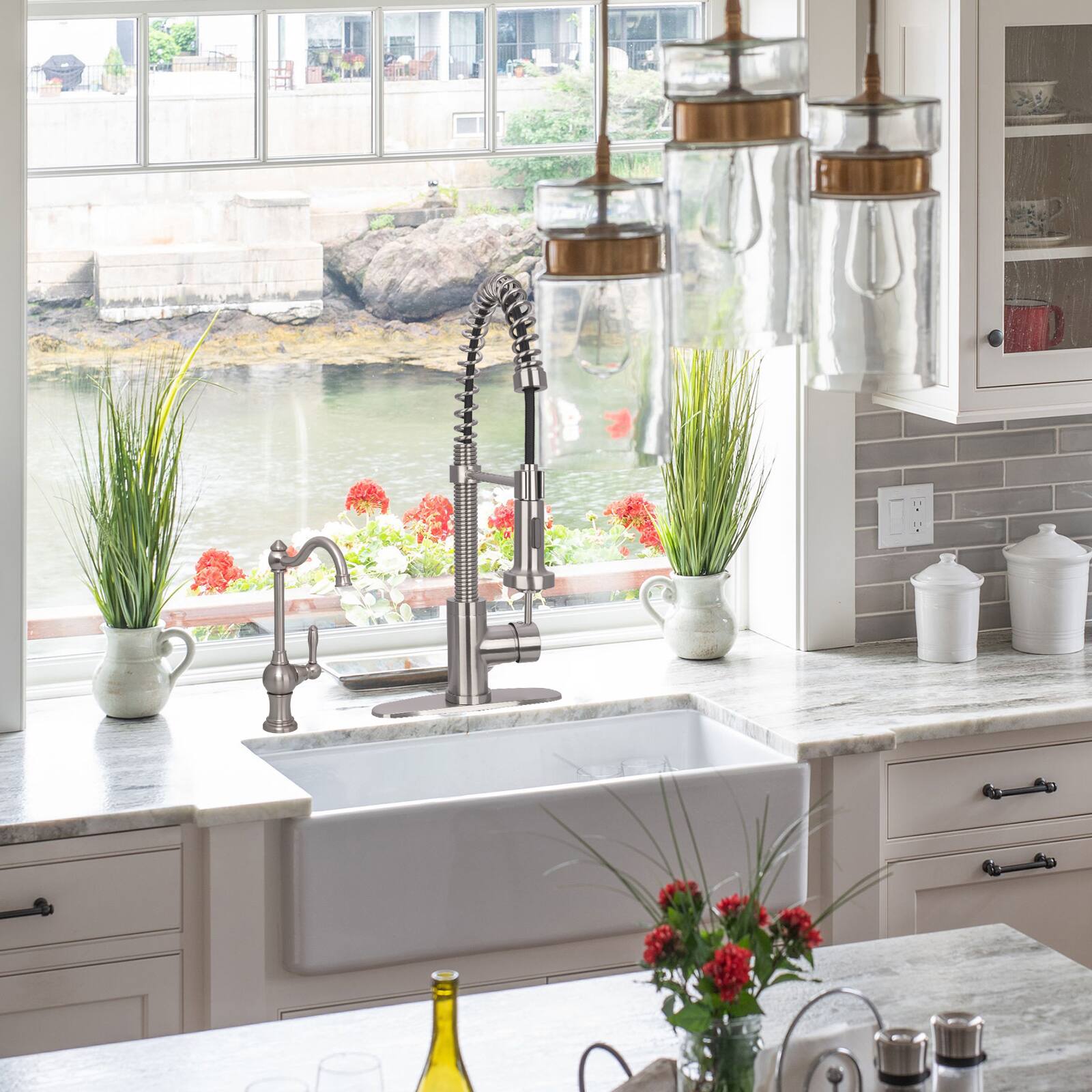 Alt View 4. Akicon - Akicon Pre-Rinse Spring Single Handle Solid Brass Kitchen Faucet with Pull Down Sprayer in Brushed Nickel - Brushed Nickel.
