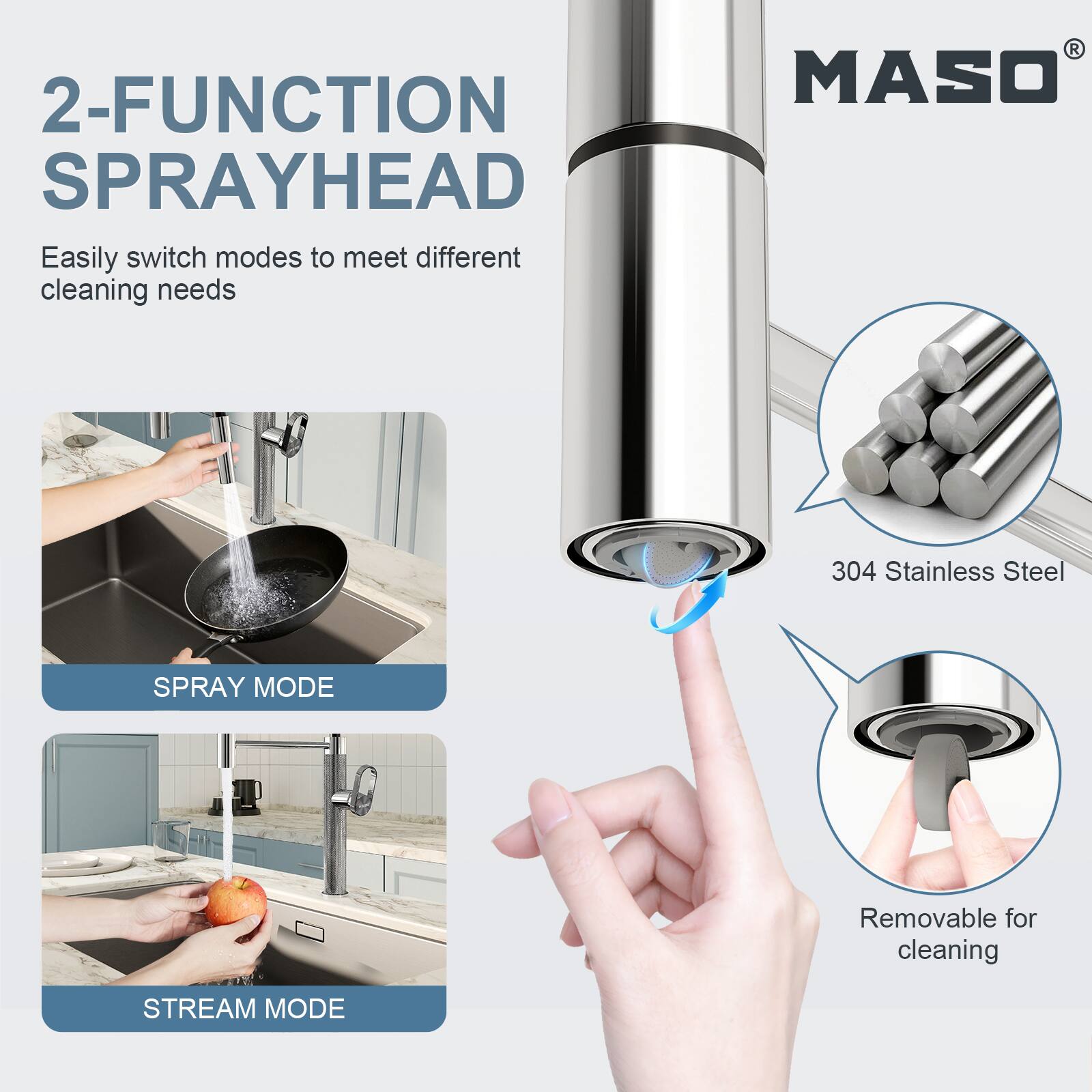 2-FUNCTION SPRAYHEAD  
Easily switch modes to meet different cleaning needs  

MASO  
304 Stainless Steel  

SPRAY MODE  
Removable for cleaning  

STREAM MODE