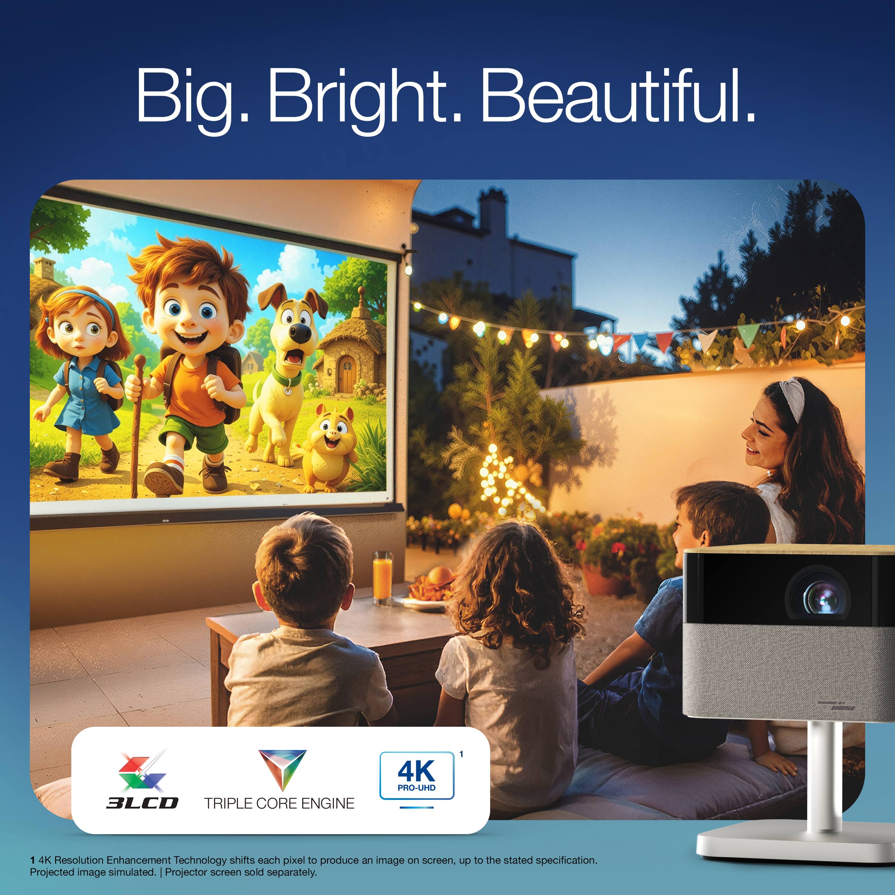 Big. Bright. Beautiful.

3LCD TRIPLE CORE ENGINE

4K PRO-UHD

1 4K Resolution Enhancement Technology shifts each pixel to produce an image on screen, up to the stated specification. Projected image simulated. Projector screen sold separately.