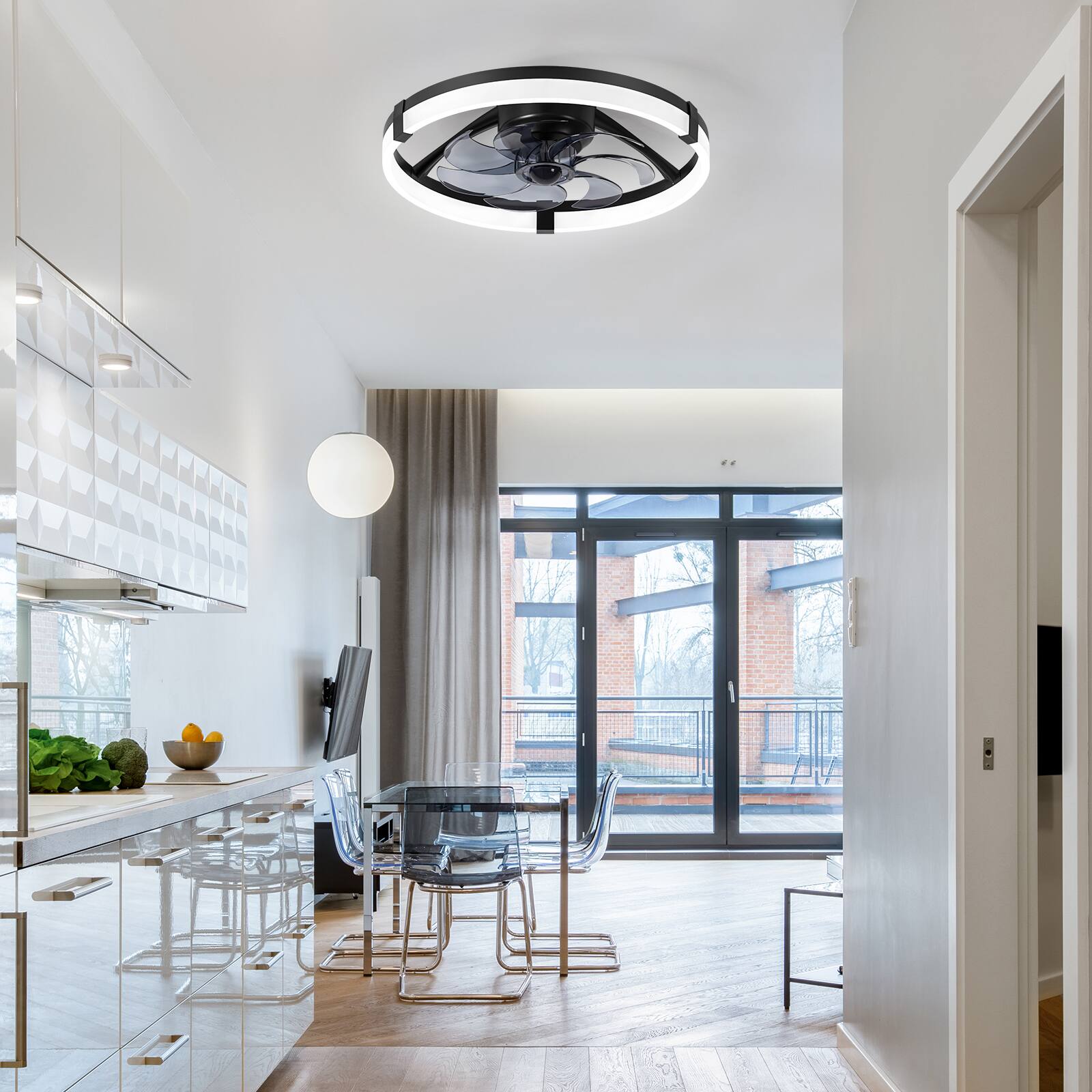 Alt View 5. Breezary - 20-Inch Caged KD Ceiling Fan with LED Light, Remote Control, 6-Speed Quiet DC Motor, Flush Mount Low Profile Design - Matte Black.