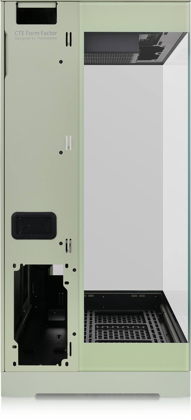 The image features a green computer cabinet with a glass door, designed by Thermaltake. The cabinet has a unique form factor, which sets it apart from traditional computer cases. The glass door allows for a clear view of the internal components, making it an attractive and functional piece of equipment for any computer enthusiast.